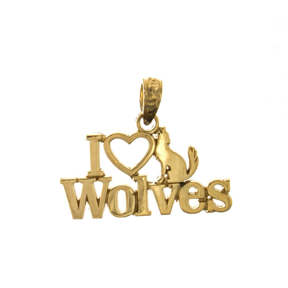 14K Yellow Gold Wolf Charm Pendant - Howling Wolf & Heart Cutout Design for Necklace Jewelry | Perfect for Animal Lovers, Nature Enthusiasts, and Unique Gift Occasions