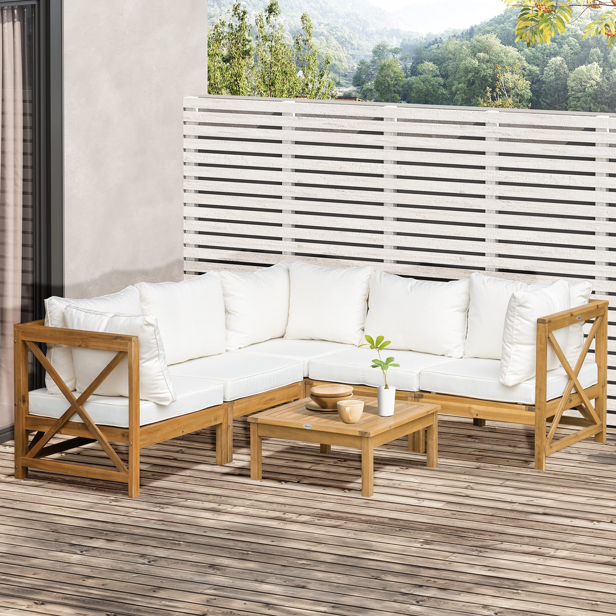 Outsunny 6-Piece Acacia Wood Patio Furniture Set with Cushions - Outdoor Sectional Sofa & Coffee Table Conversation Set in Cream White - Perfect for Backyard, Garden, Poolside & Patio Relaxation