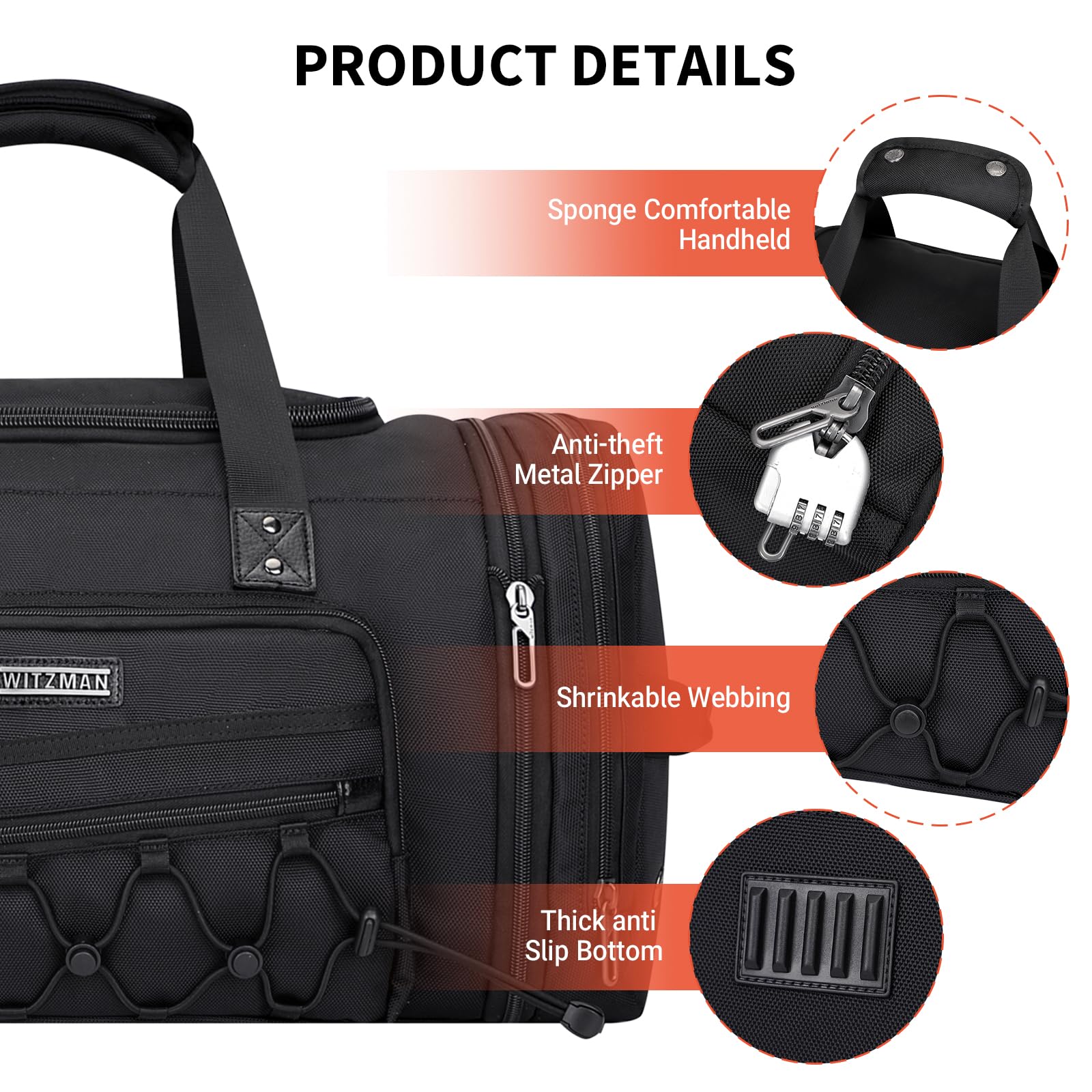 WITZMAN Men's Large Nylon Duffle Bag - Expandable Gym Weekender with Shoe Compartment, Carry On Overnight Bag (B695 Black) - Perfect for Travel, Workout & Weekend Getaways