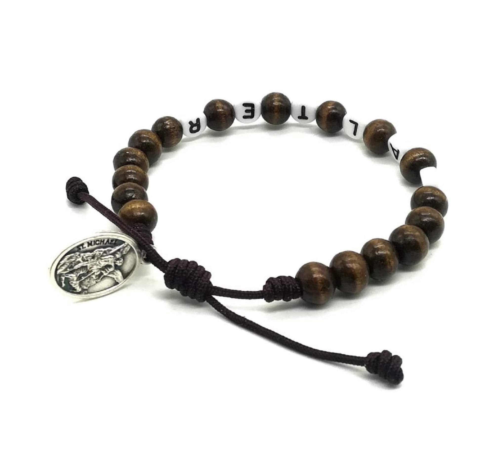 Personalized Wooden Beads Catholic Saint Medal Name Bracelet for Kids - Adjustable Rosary Bracelet Religious Gift for Baptism, First Communion & Faith Jewelry