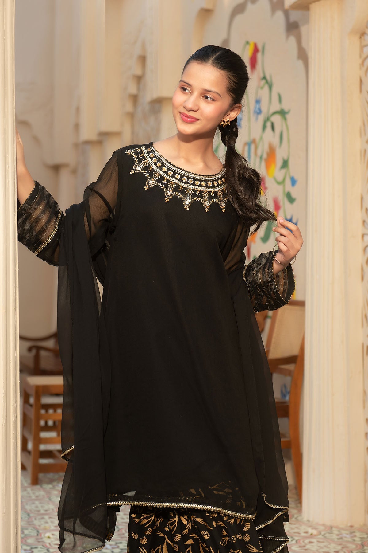 Elegant Black Stitched Chiffon Hand Adda Suit in Ochre - Perfect for Weddings, Parties & Special Occasions