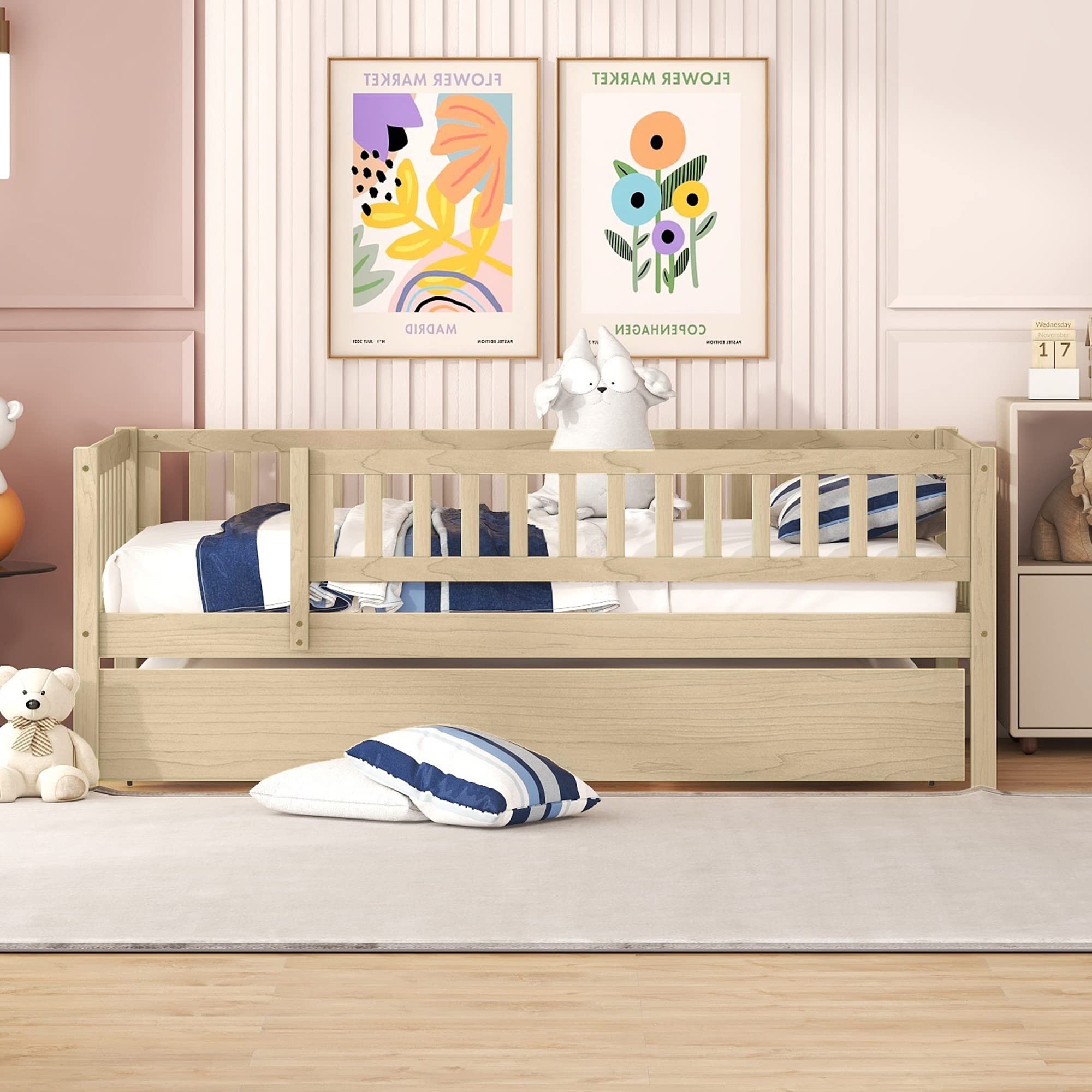 Montessori Twin Size Wooden Toddler Daybed with Safety Fence & Trundle - Low Bed Frame with Guard Rails for Kids, Boys & Girls - Natural Wood Finish - Perfect for Daytime Naps, Playroom & Montessori Bedrooms