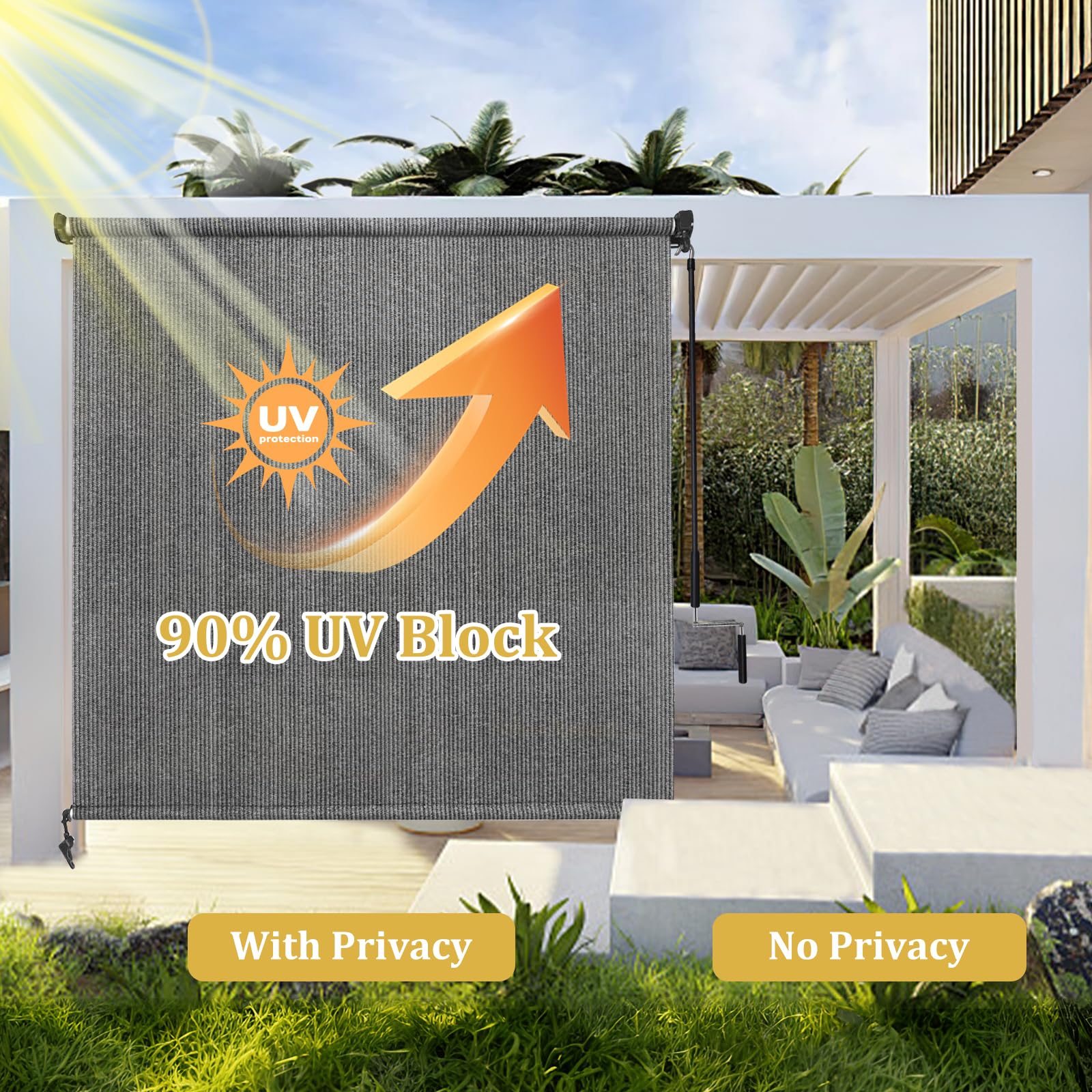 Shade&Beyond Cordless Outdoor Roller Shades 7' W x 6' H - Patio Roll Up Blinds for Porch, Gazebo, Pergola & Balcony | UV Protection Exterior Shade Cloth with One-Piece Fabric & Dual Pole System (Gray) - Perfect for Backyard Relaxation & Sun Protection