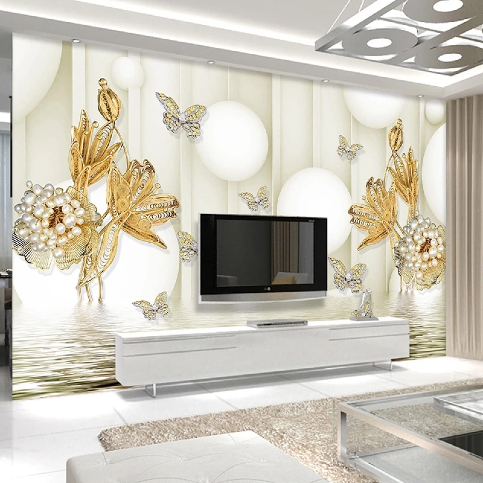 3D Golden Pearl Flower Butterfly Jewelry Wall Mural Wallpaper - 47x32 Inch Self-Adhesive Peel & Stick for Living Room TV Background, Bedroom, Dining Room Decor