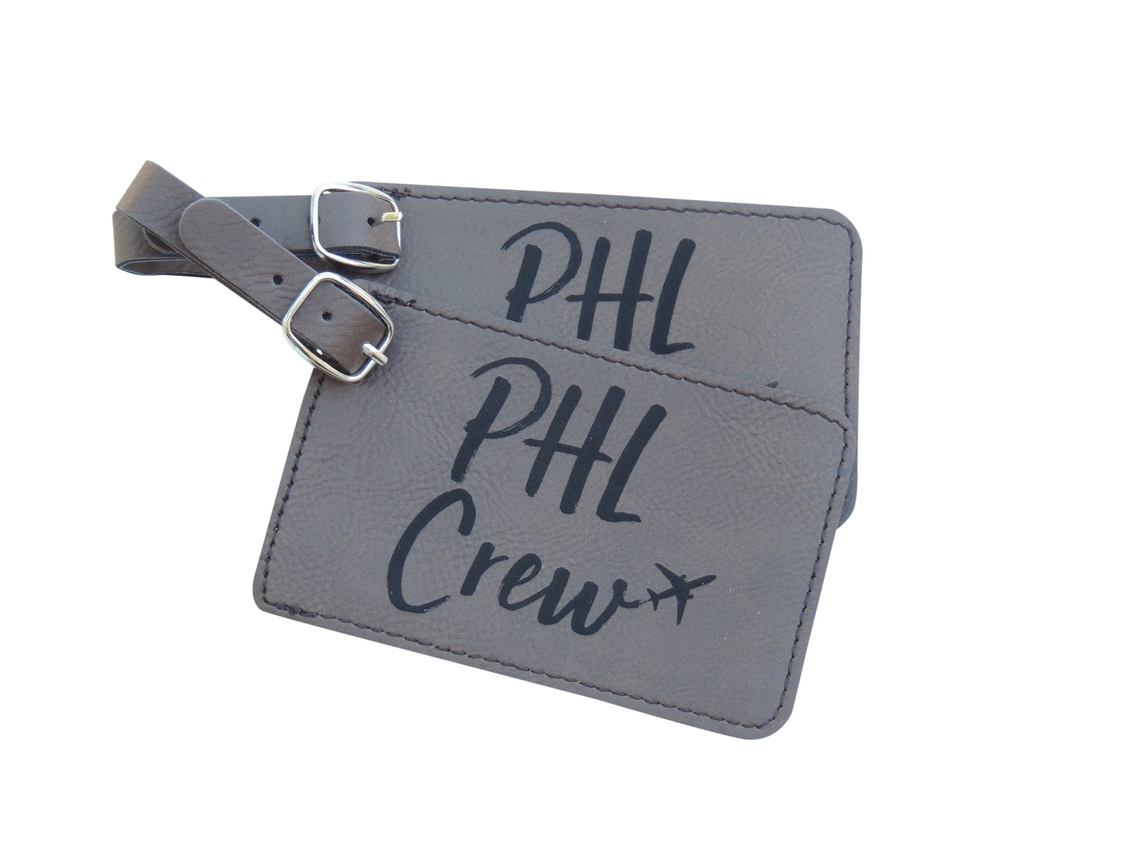 Philadelphia Crew Luggage Tags - Set of 2 Brown Leather Airline ID Tags for Travel | Perfect for Flight Attendants, Pilots & Frequent Flyers | Durable PHL Crew Base Accessories for Suitcases & Bags