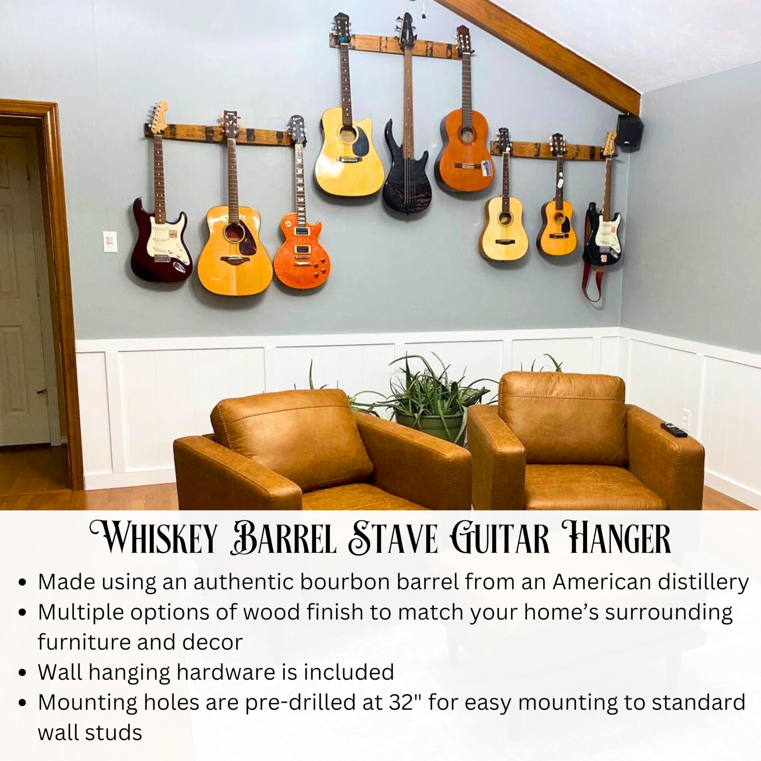 Coyle Woodworks Whiskey Barrel Stave 3-Instrument Wall Mount - Guitar, Ukulele, Violin, Banjo Hanger with Natural Finish | Perfect for Home, Studio & Bar Decor