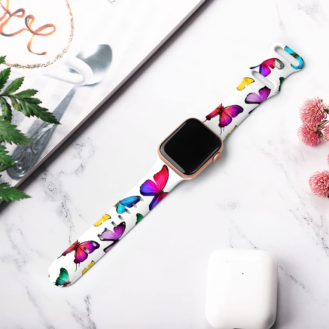 Floral Print Silicone Sport Band for Apple Watch Series 9/8/7/6/5/4/3/2/1/SE - Compatible with 49mm 45mm 44mm 42mm 41mm 40mm 38mm - Fadeless Pattern Design for Women - Perfect for Workouts, Running & Everyday Wear