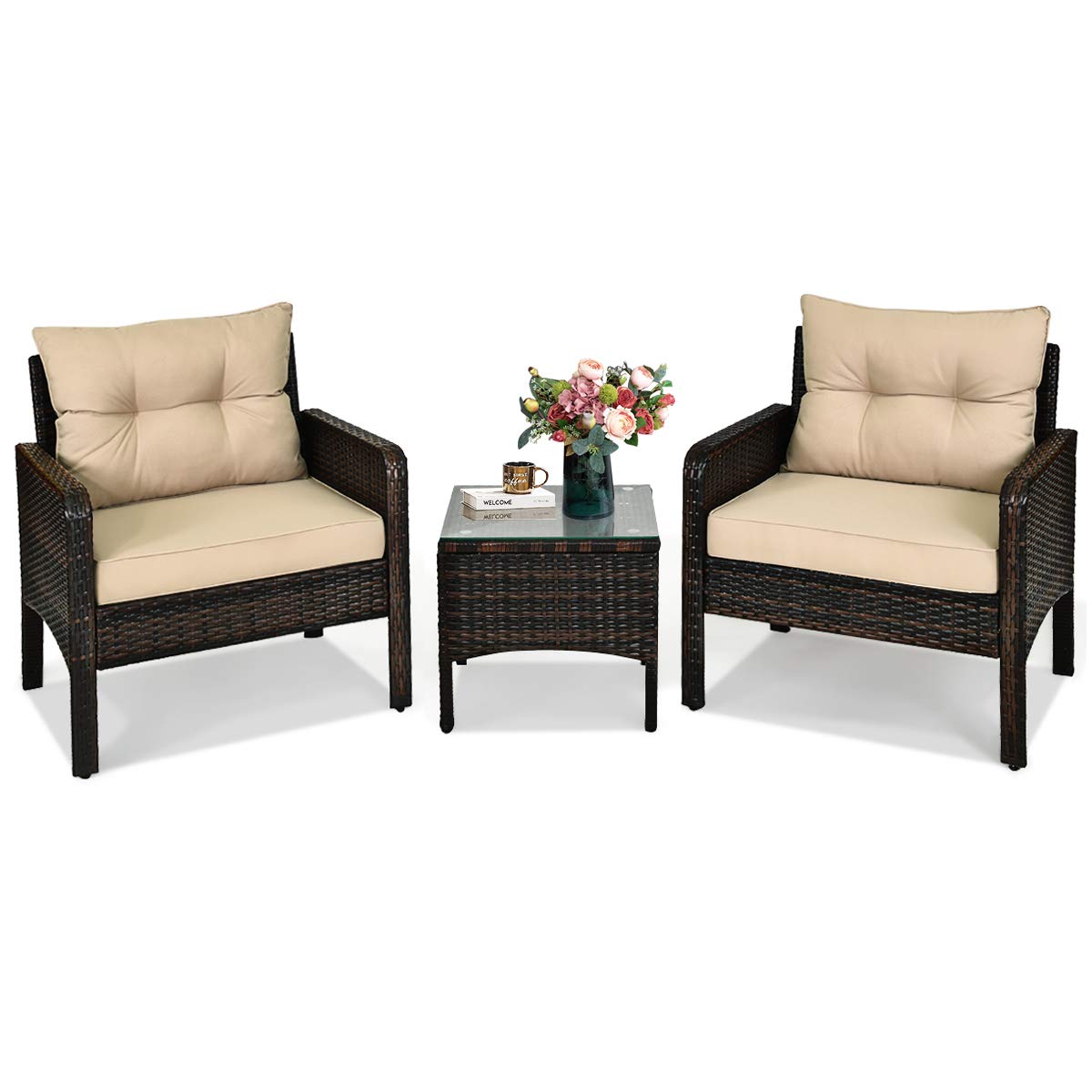 **HAPPYGRILL 3-Piece Outdoor Patio Furniture Set - Rattan Wicker Coffee Table & Chairs with Cushions - Perfect for Garden, Balcony, Backyard, Poolside & Outdoor Relaxation**