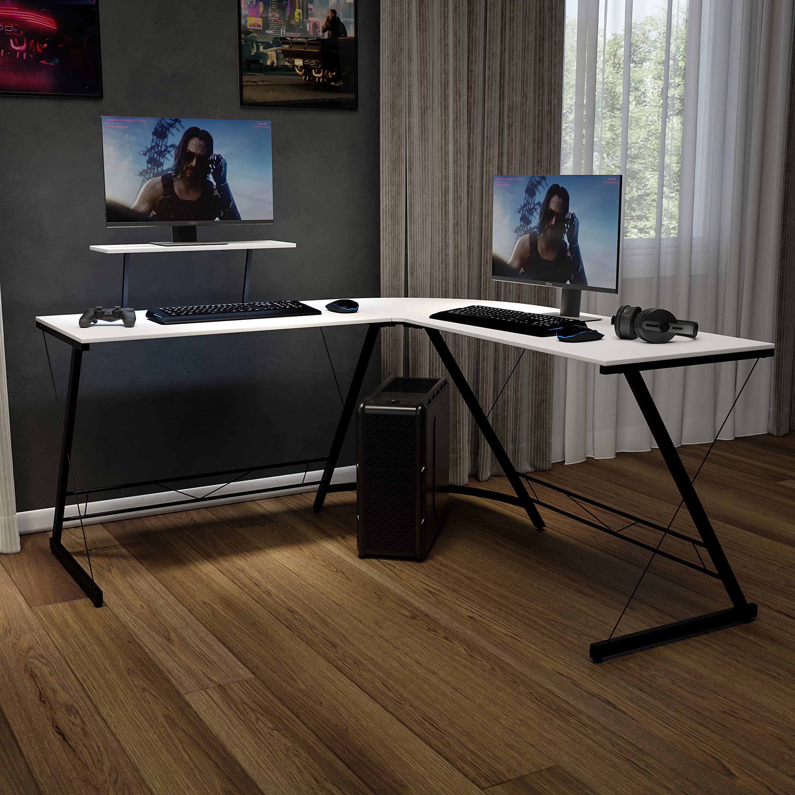 EMMA + OLIVER White L-Shaped Computer Desk - Home Office Desk, Gaming Desk with Sturdy Frame | Perfect for Small Spaces, Work from Home & PC Gaming Setup