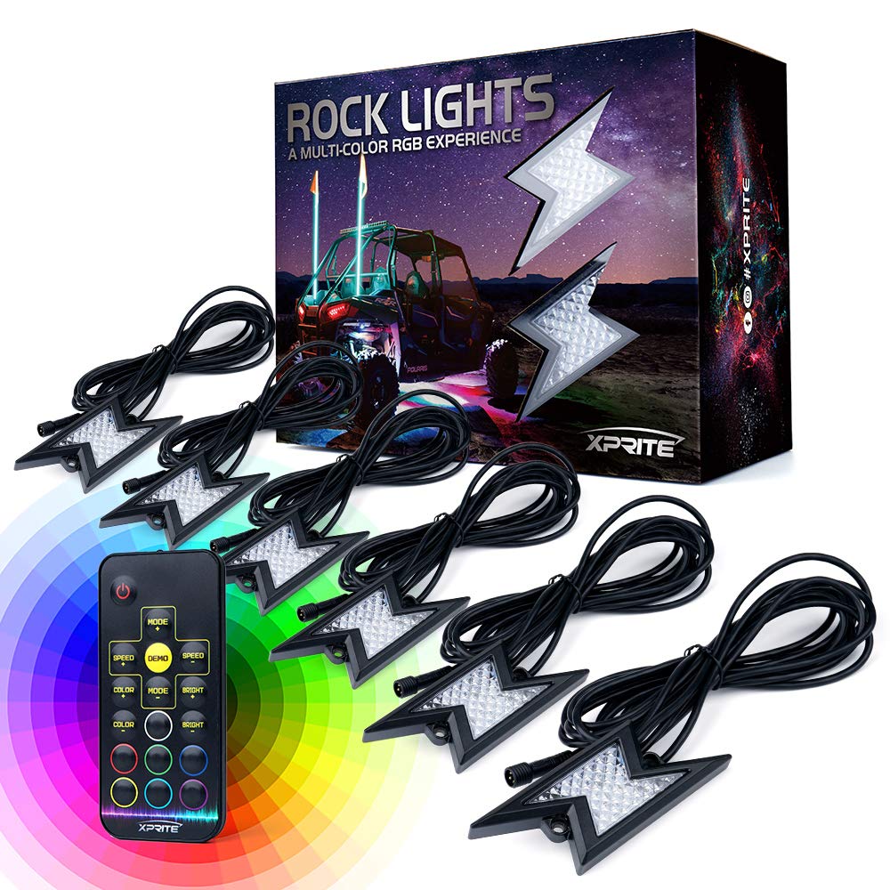 Xprite RGB LED Rock Lights Kit - 6PCS Wireless Remote Control, Flashing & Auto Scroll Modes, Multicolor Underglow Lighting for Trucks, Cars, UTV, ATV, SUV - Perfect for Off-Road Adventures & Interior Customization