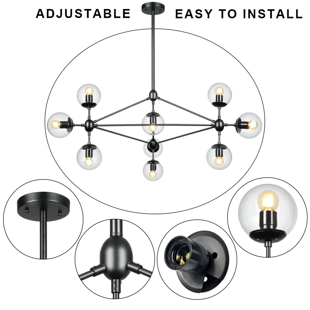 Modern Black DNA 10-Light Chandelier with Globe Glass Shade - Elegant Lighting Fixture for Kitchen Island, Dining Room & Living Room | Perfect for Farmhouse, Industrial & Contemporary Home Decor