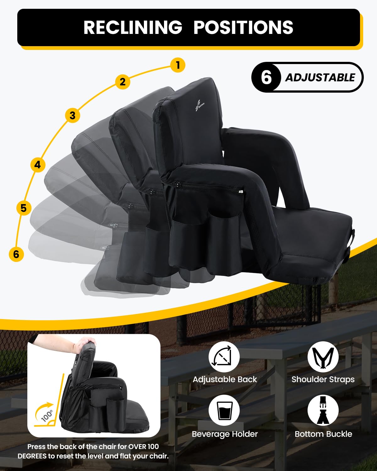 Sportneer Extra Wide Stadium Seats with Back Support - 2 Pack Padded Bleacher Chairs with Armrests & 6 Reclining Positions - Comfortable Folding Stadium Seating for Sports Events, Camping, Concerts & Outdoor Activities