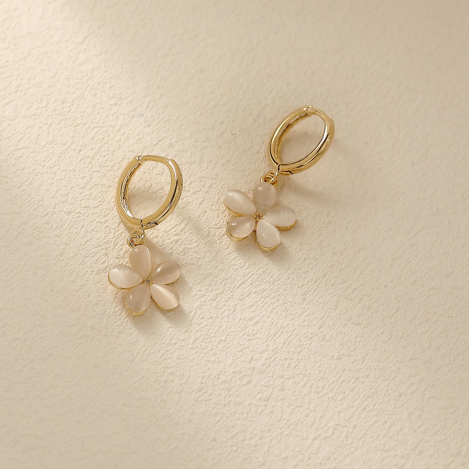 Cat Eye Stone Flower Charm Drop Hoop Earrings | HE6205 | Elegant Jewelry for Parties, Weddings & Special Occasions