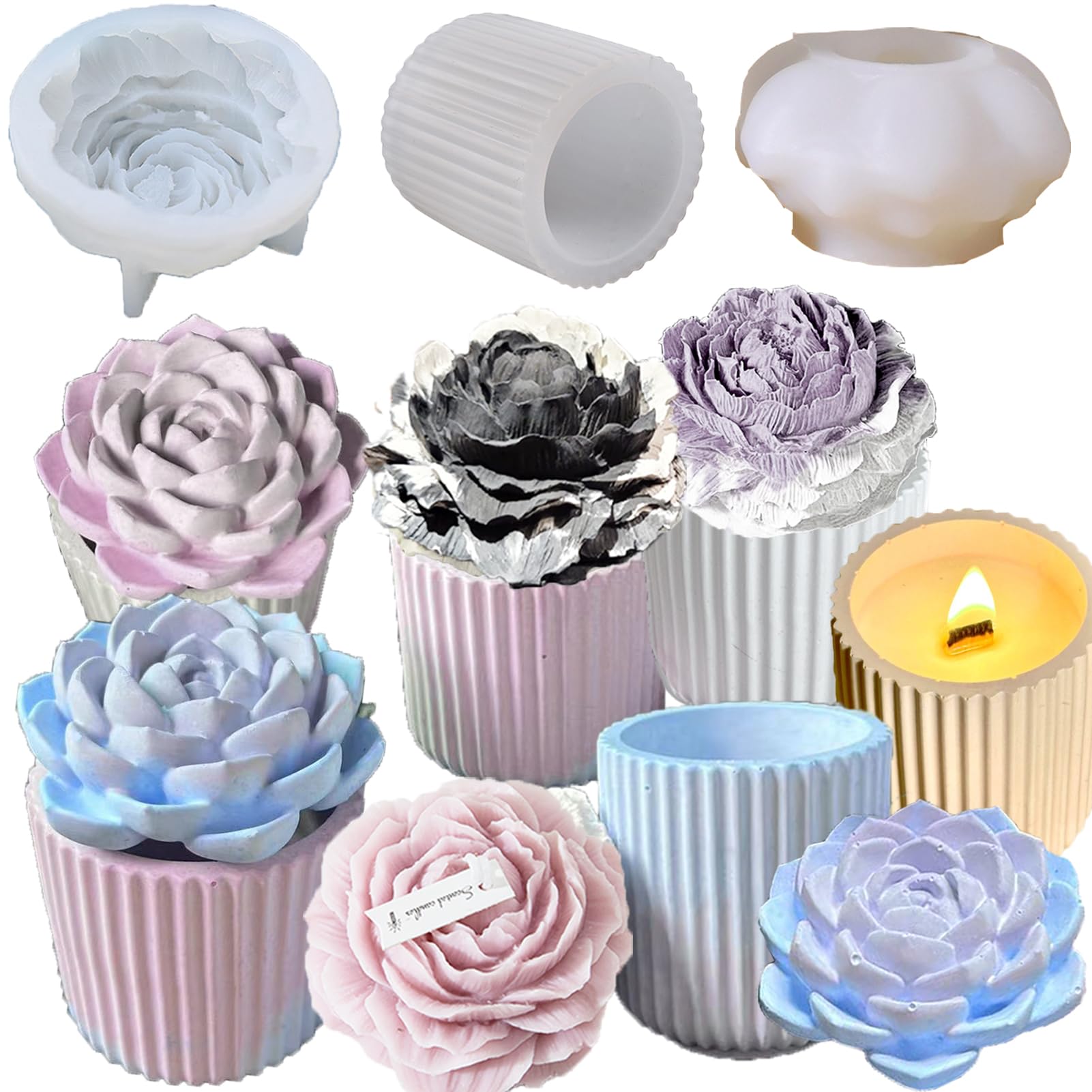 Succulent & Peony Flower Candle Soap Silicone Mold Set - Concrete Candle Molds for DIY Candle Making, Jar Lid Molds with Floral Designs - Perfect for Home Decor, Wedding Favors, and Handmade Gifts