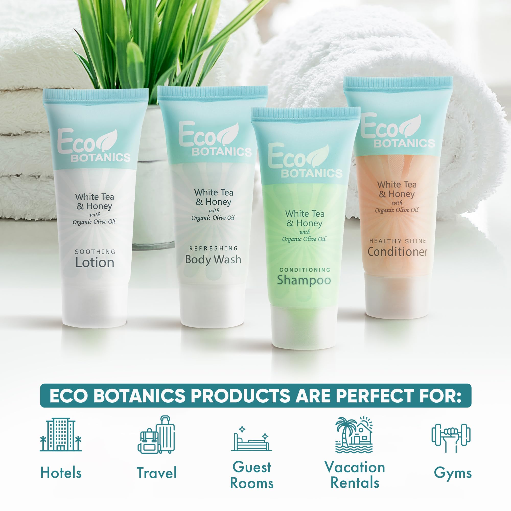 Eco-Friendly Travel Toiletries Set - 80pc Hotel Amenities Kit with 0.85oz Shampoo, Conditioner, Body Wash & Lotion | Bulk Mini Toiletries for Hotels, Airlines, Spas & Guest Gifts | Sustainable Botanical Personal Care Products