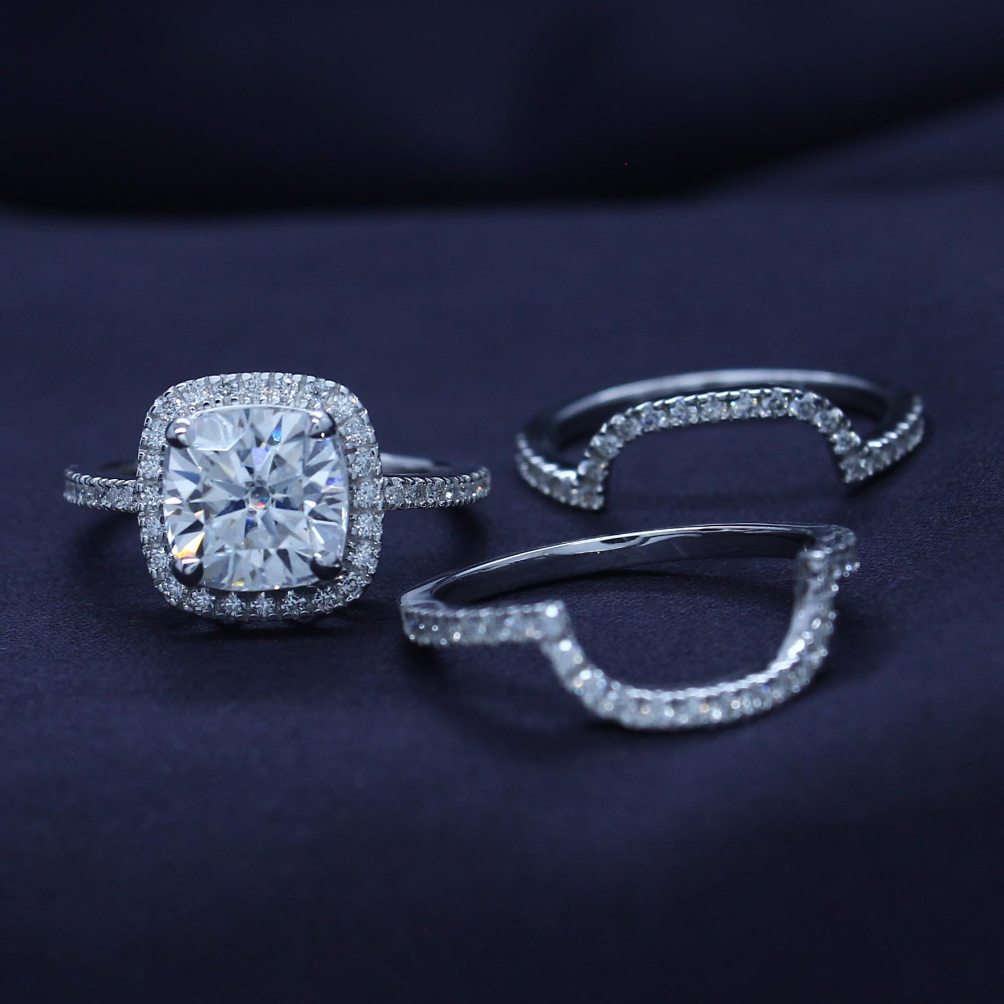 Cushion Cut Lab Created Moissanite Engagement Ring & Double Wedding Band Halo Bridal Set in 14k Gold Plated 925 Sterling Silver (3.50 Cttw, G-H/VVS1) - Perfect for Proposals, Anniversaries & Wedding Ceremonies