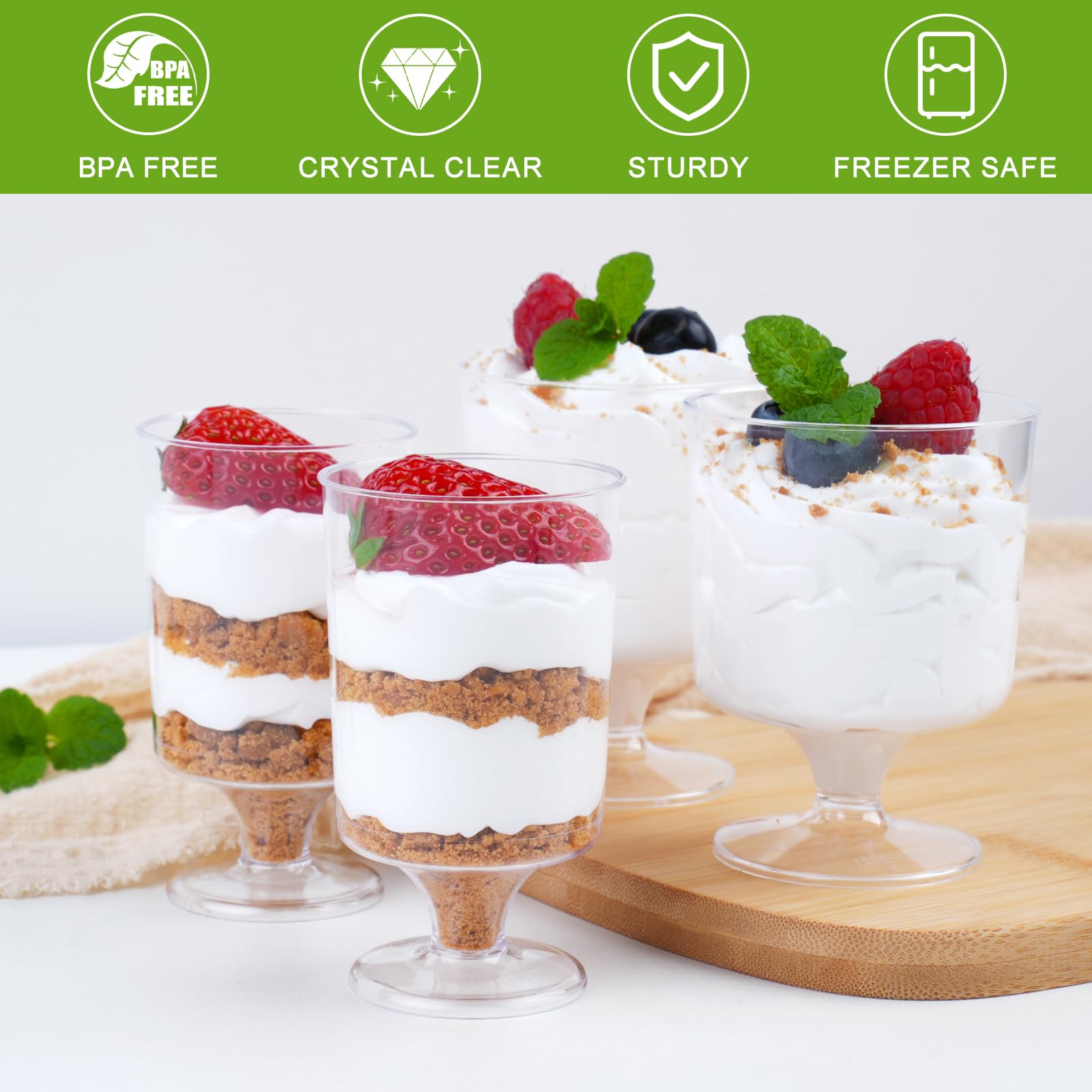 Zezzxu 40-Pack 3.4 oz Mini Dessert Cups with Spoons - Small Plastic Footed Goblet Glasses for Mousse, Appetizers, Puddings, Parfait - Perfect for Parties, Catering & Home Entertaining