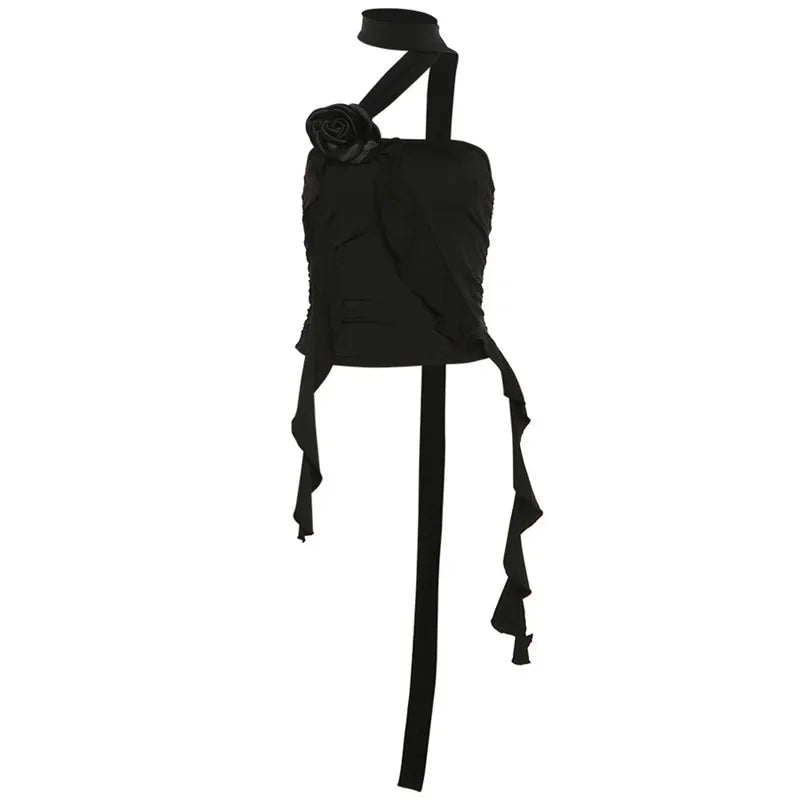 Women's Asymmetrical 3D Floral Applique Ruffled Sexy Crop Tank Top - Y2K Coquette Aesthetic 2000s Fashion - Perfect for Summer Outfits, Music Festivals & Streetwear