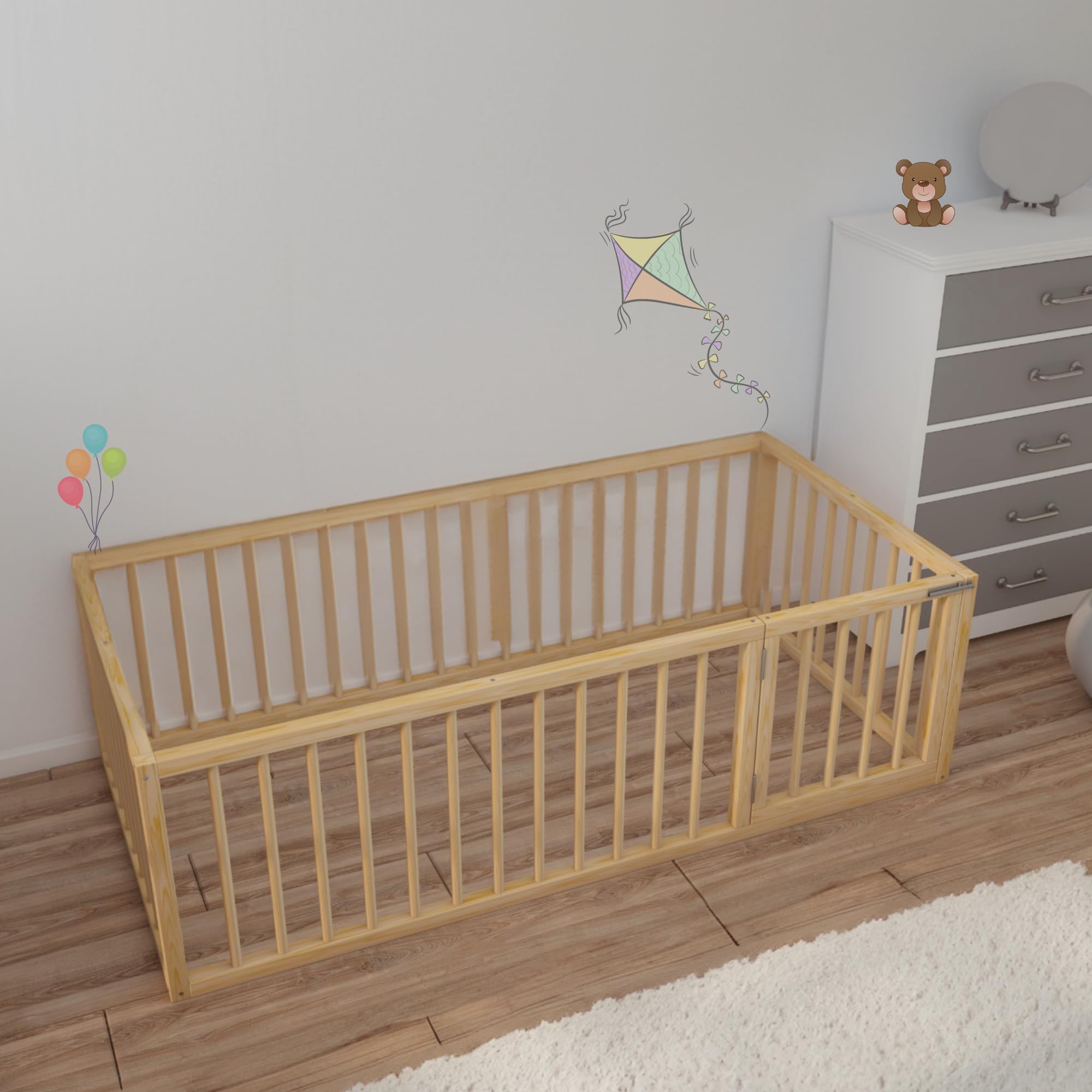Montessori Floor Bed for Toddlers - Solid Pine Wood Frame with Right Side Door - Sturdy Modern Design for Boys & Girls (19