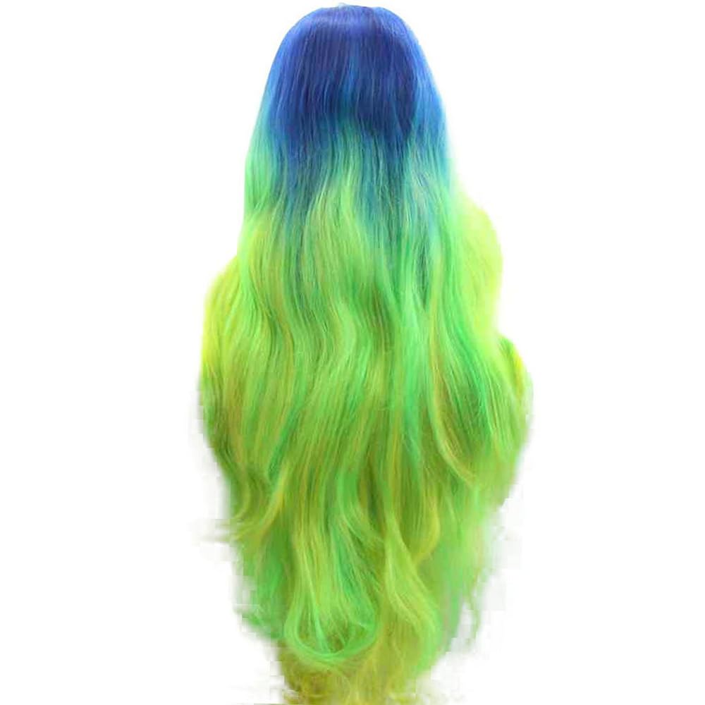 Xiweiya 13x3 Lace Front Wig - Ombre Neon Yellow Green with Blue Roots - 24 Inch Long Straight Heat Resistant Synthetic Hair for Women - Perfect for Drag Queen, Cosplay, Halloween & Daily Wear