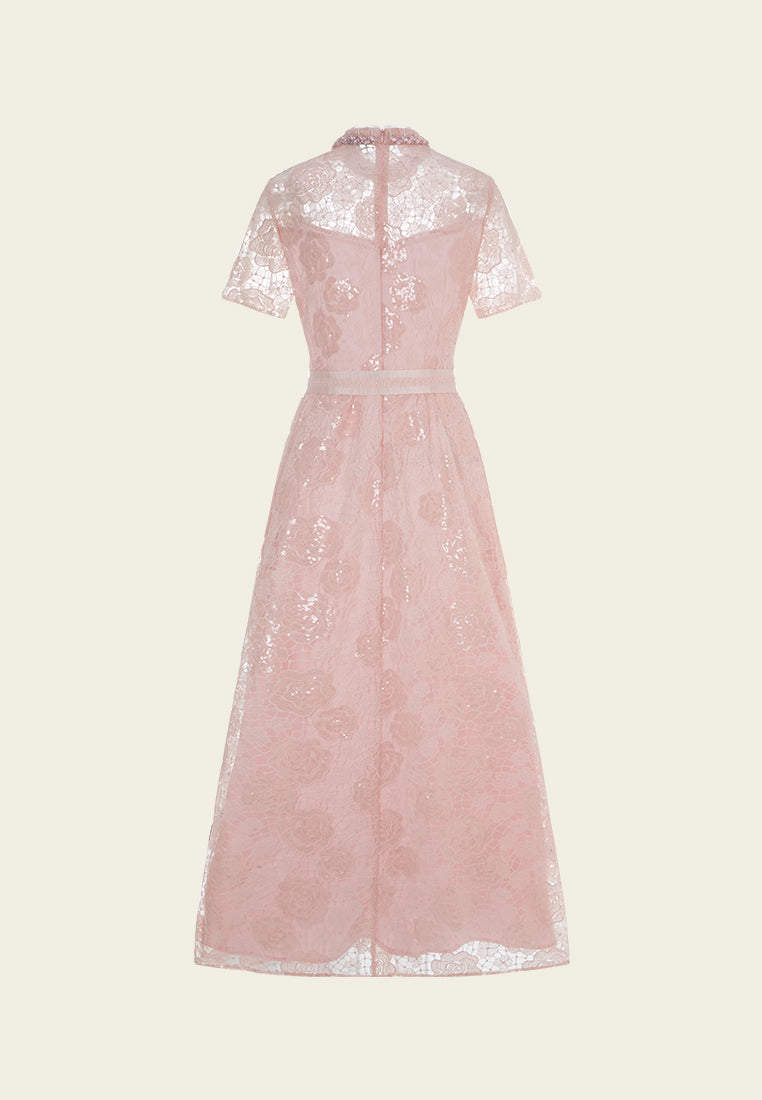Elegant Beaded Crystal Embellished Lace Dress with Bow Belt & Stand Collar - Perfect for Weddings, Parties & Special Occasions