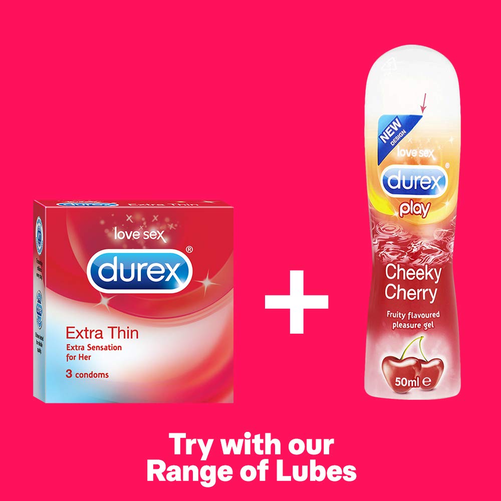 Durex Extra Thin Condoms for Men - Ultra Sensitive Latex Protection, 3 Count Pack | Safe with Lubes & Sex Toys | Perfect for Enhanced Intimacy & Couples Play
