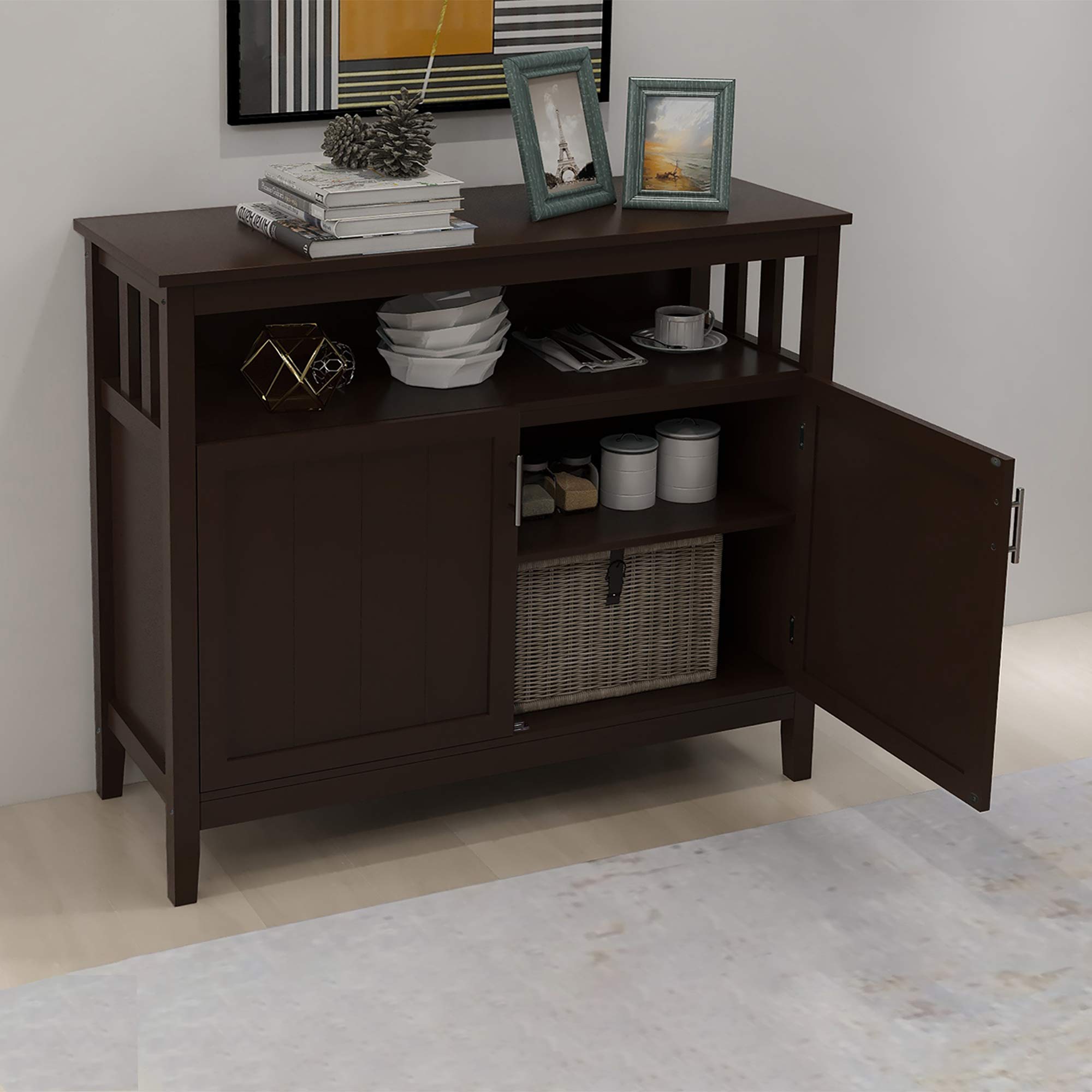 HABITRIO Wood Storage Cabinet with 2 Shelves & Open Shelf - Kitchen, Dining & Living Room Organizer for Home Storage & Decor