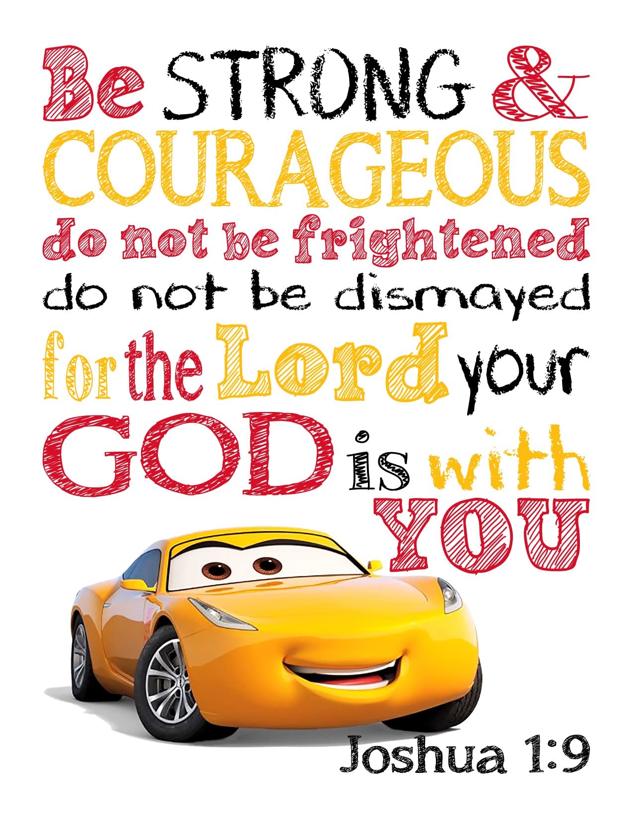 Christian Nursery Wall Art - Set of 4 Unframed Lightning McQueen & Tow Mater Bible Verse Prints for Baby Boys Room Decor | Perfect for Baptism Gifts & Sunday School Classroom