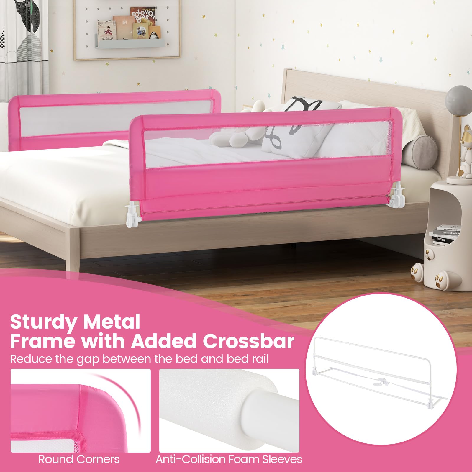 **HONEY JOY 59-inch Extra Long Toddler Bed Rail – Portable Safety Guardrail with Double Child Lock, Foldable Baby Bed Rail for King, Queen, Full & Twin Mattresses (Pink, 2 Pack) – Perfect for Travel, Daycare & Home Safety**