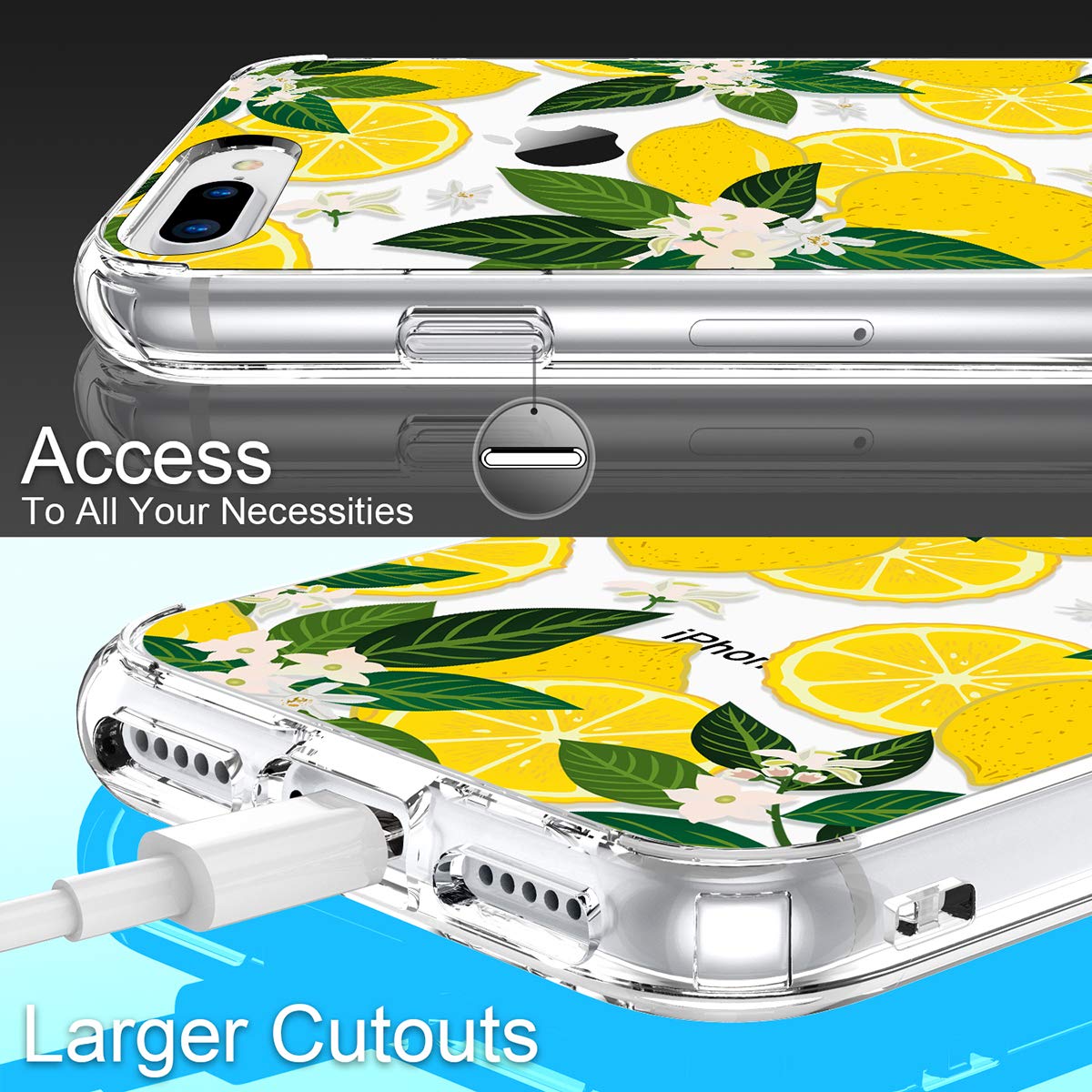 GiiKa Heavy Duty Clear iPhone 8 Plus Case with Screen Protector | Floral Design TPU Bumper Cover | Shockproof Protective Phone Case for Women | Compatible with iPhone 7 Plus (Yellow Lemons Pattern) | Perfect for Everyday Use, Work & Outdoor Activities