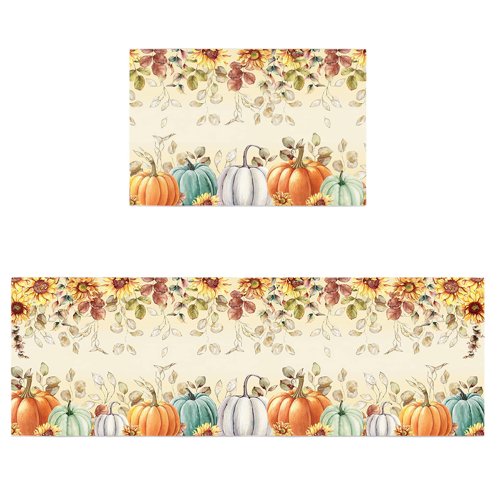 Thanksgiving Kitchen Rugs Set of 2 - Non-Slip Water Absorbent Fall Pumpkin Sunflower Runner Carpet for Kitchen, Hallway, Living Room | Autumn Eucalyptus Leaf Welcome Doormat & Bath Rug with Rubber Backing | Perfect for Holiday Decor, Entryway Protection & Cozy Home Accents