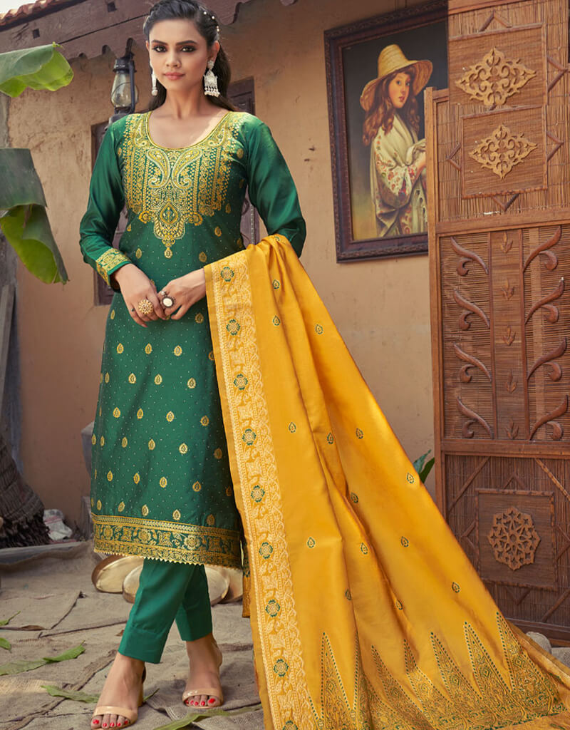 Elegant Banarasi Jacquard Green Suit Set with Matching Pants - Traditional Indian Ethnic Wear for Weddings & Festive Occasions
