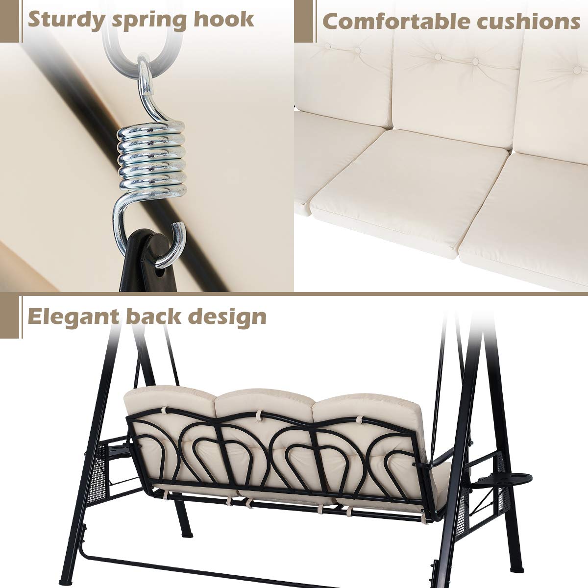 U-MAX 3-Seat Outdoor Patio Swing Chair with Canopy - Weather Resistant Steel Frame, Cup Holders & Cushions - Adjustable Tilt Canopy in Beige - Perfect for Backyard, Garden, Porch or Deck Relaxation