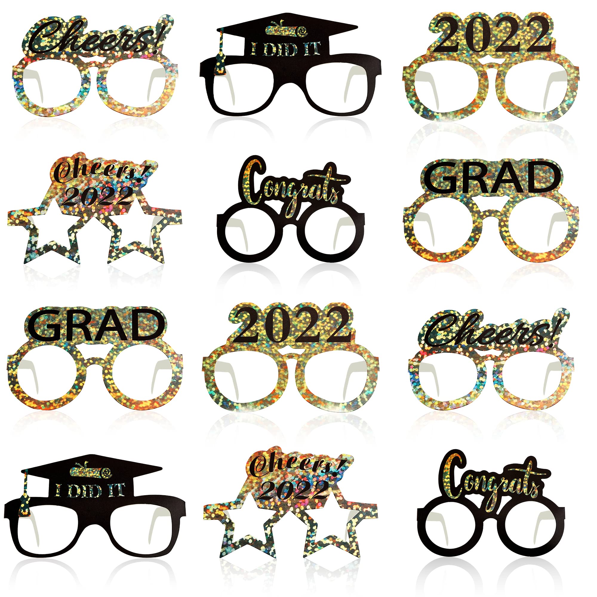 2022 Graduation Glasses - 12 Pack Black & Gold | Photo Booth Props, Party Decorations & Favors | Perfect for Graduation Parties, Ceremonies & Celebrations