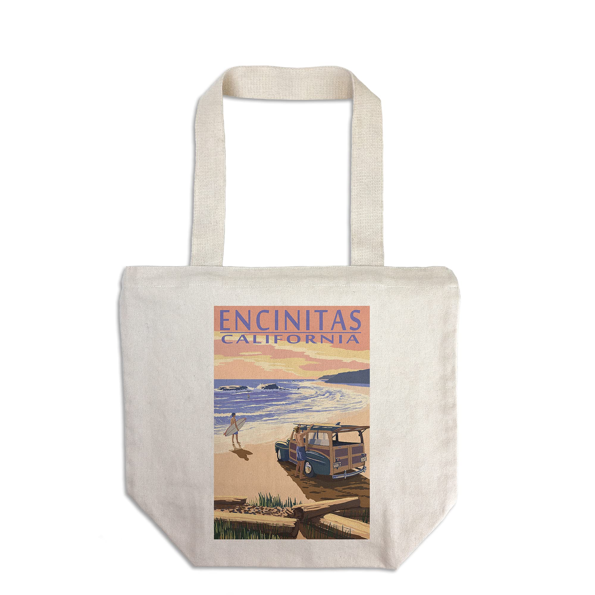 Lantern Press Encinitas California Beach Tote Bag - 100% Cotton Canvas Reusable Shopping Bag for Groceries, Beach Trips & Everyday Use