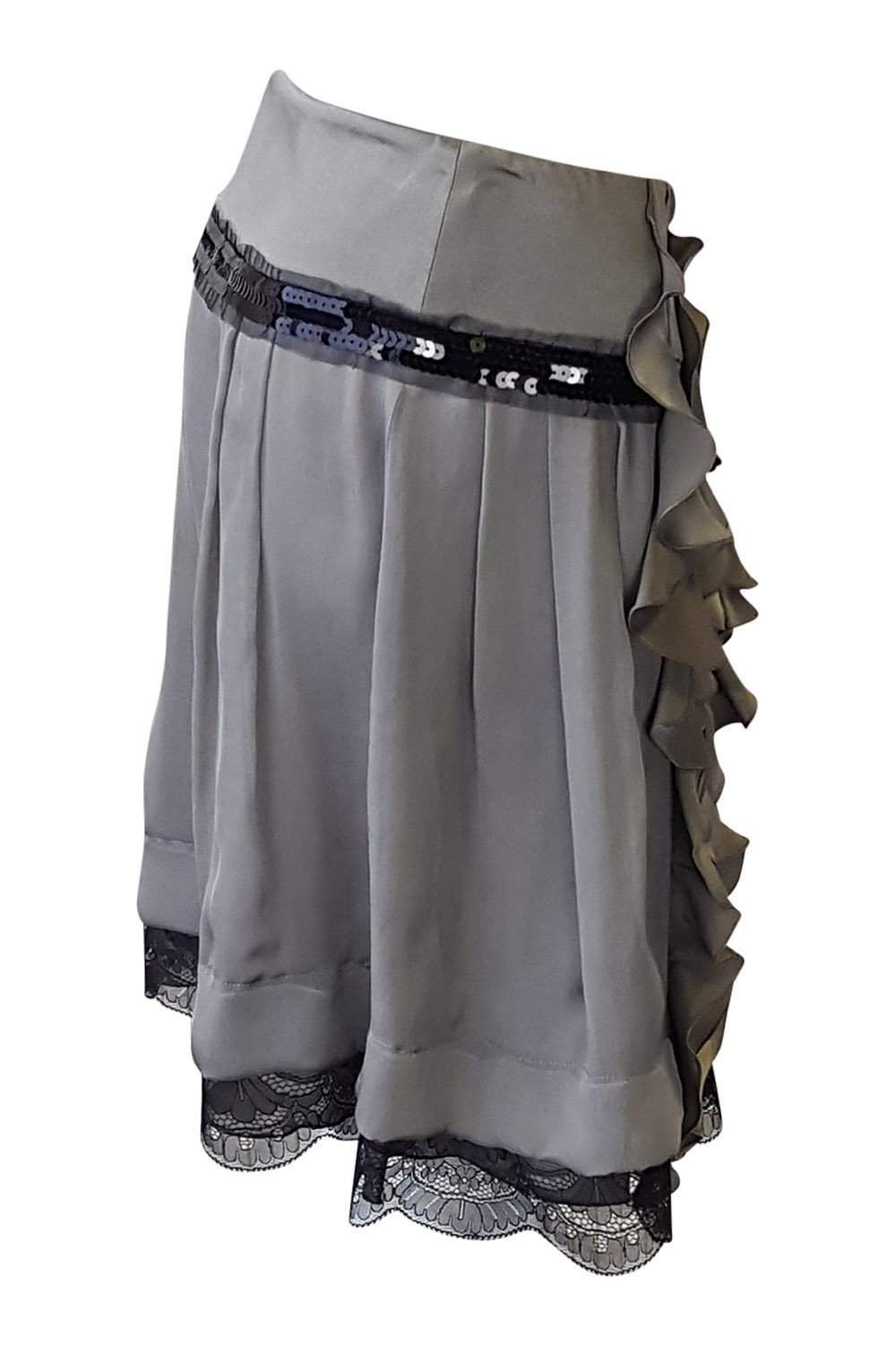 ALBERTA FERRETTI Grey Silk Mini Skirt with Frill Front - Size 38 | Elegant Party Wear & Cocktail Dress for Women | Perfect for Date Night, Wedding Guest Outfits & Special Occasions