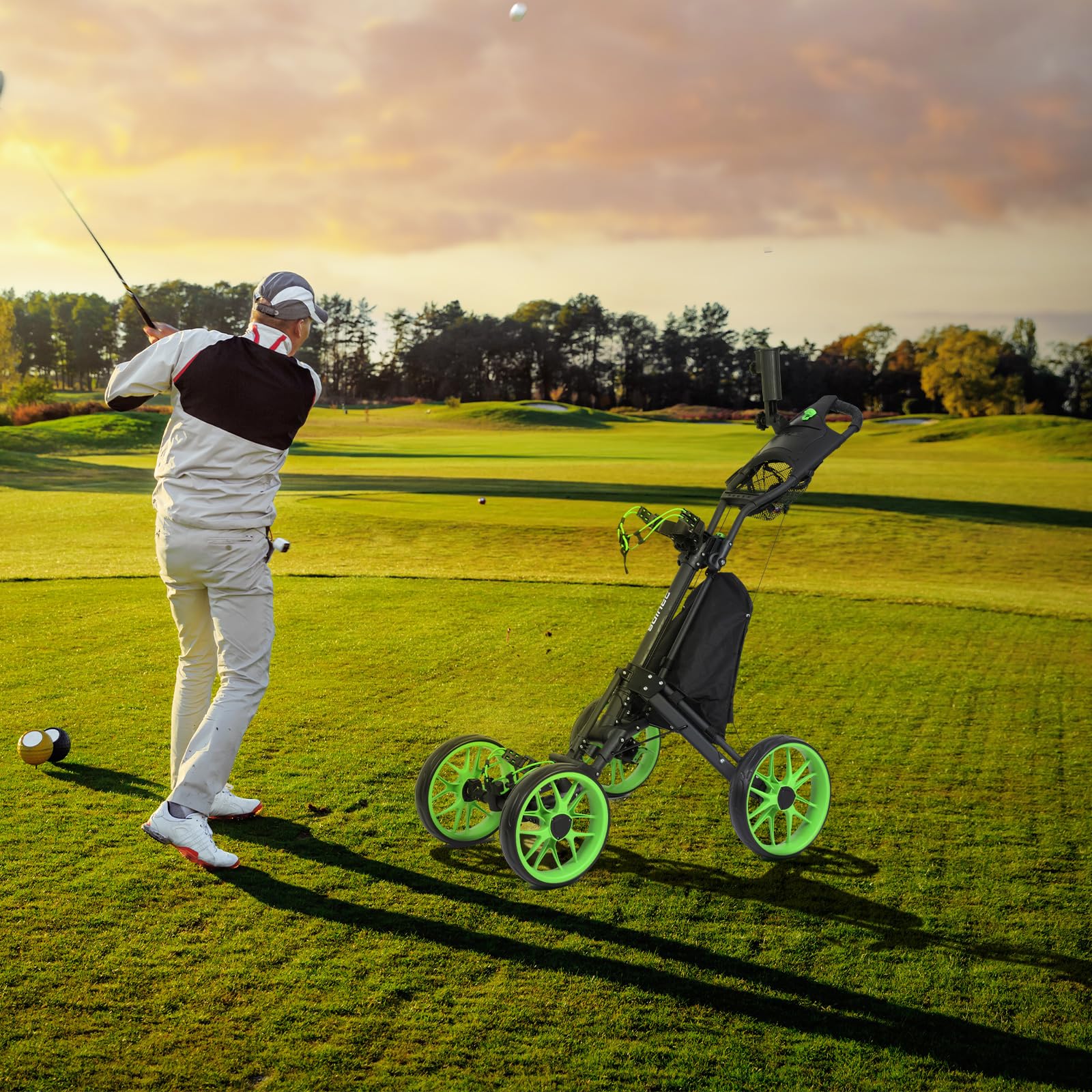 DRUIDS 4 Wheel Golf Push Cart - Lightweight Foldable Golf Trolley with Brake, Cup Holder, Umbrella Holder & Cooler Bag - Perfect for Golfers on the Course or Driving Range