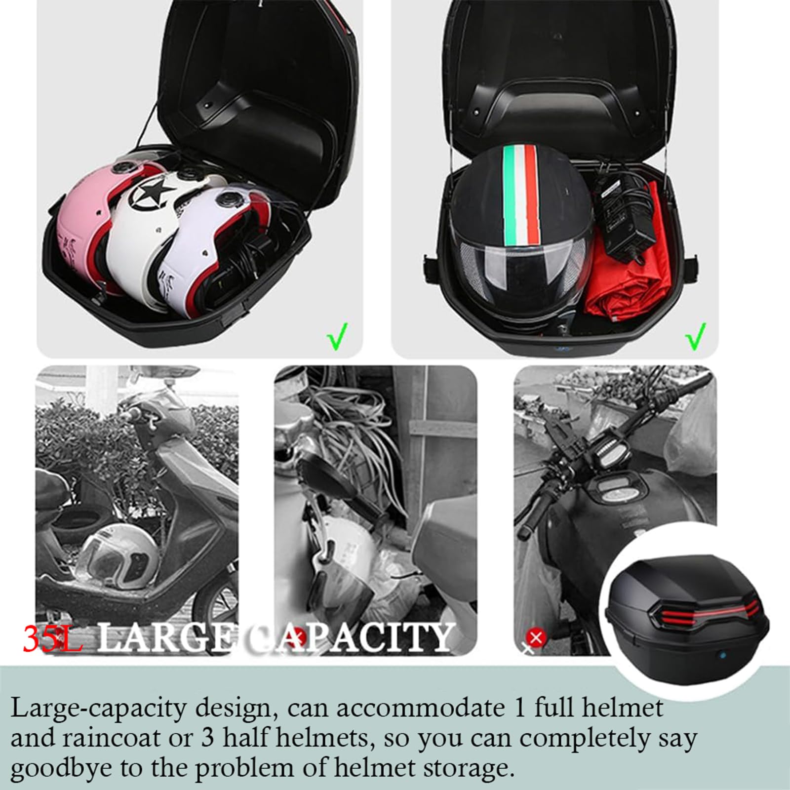 35L Waterproof Motorcycle Top Box - Silver Tail Trunk Luggage with Mounting Hardware | Helmet Storage Carrier for Motorbike & Moped | Perfect for Commuting, Touring & Daily Rides