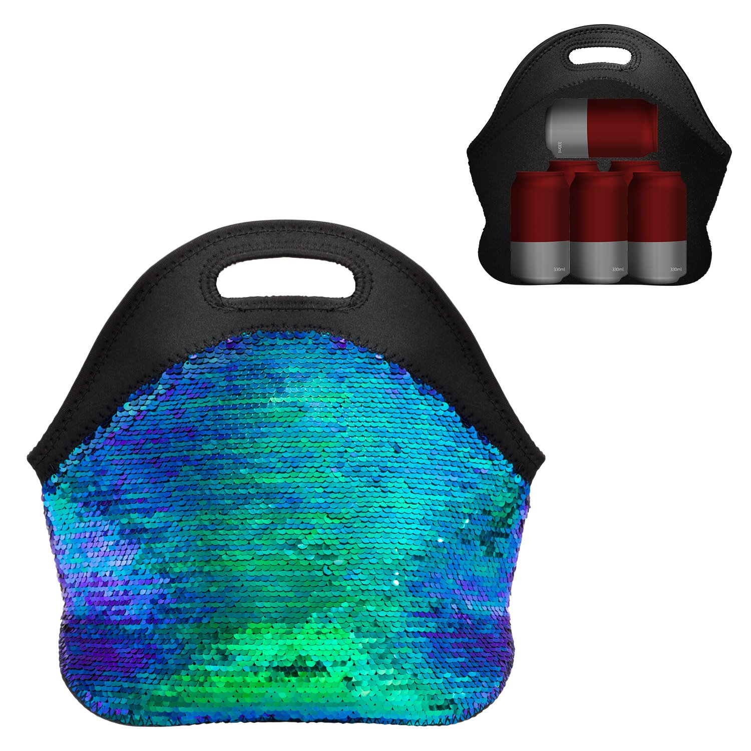 Insulated Neoprene Lunch Bag for Women & Girls - Mermaid Sequins Design with Zipper Closure by FUNLAVIE | Perfect for School, Work, Picnics & Beach Outings