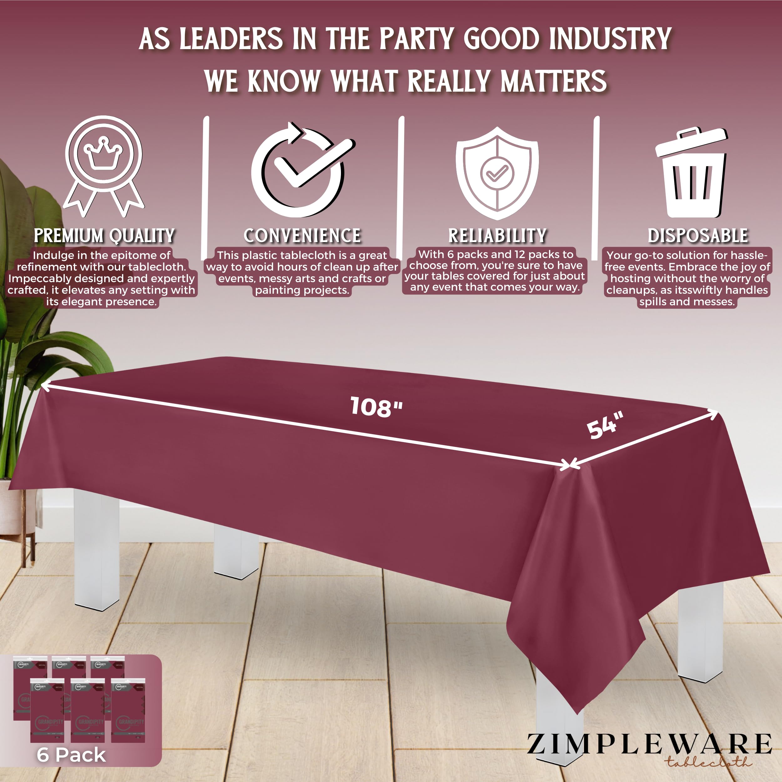 Premium Disposable Plastic Tablecloth for Parties - 6 Pack Berry Color Rectangle Table Cover (54x108 Inches) - Ideal for 6ft to 8ft Tables, Picnics, BBQs & Outdoor Events