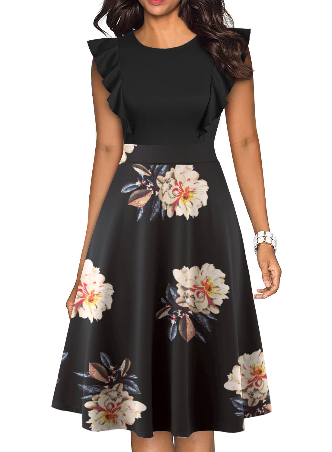 YATHON Women's Vintage Ruffle Floral Print A-Line Swing Dress - Elegant Cocktail Party & Evening Wear for Casual Outings, Date Nights & Special Occasions