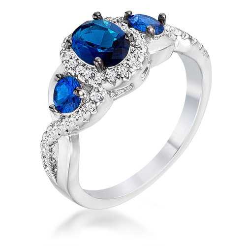 1.43Ct Rhodium & Hematite Plated Sapphire Blue & Clear Cubic Zirconia Three Stone Twisted Ring for Women - Elegant Wedding, Engagement, Anniversary Jewelry Gift