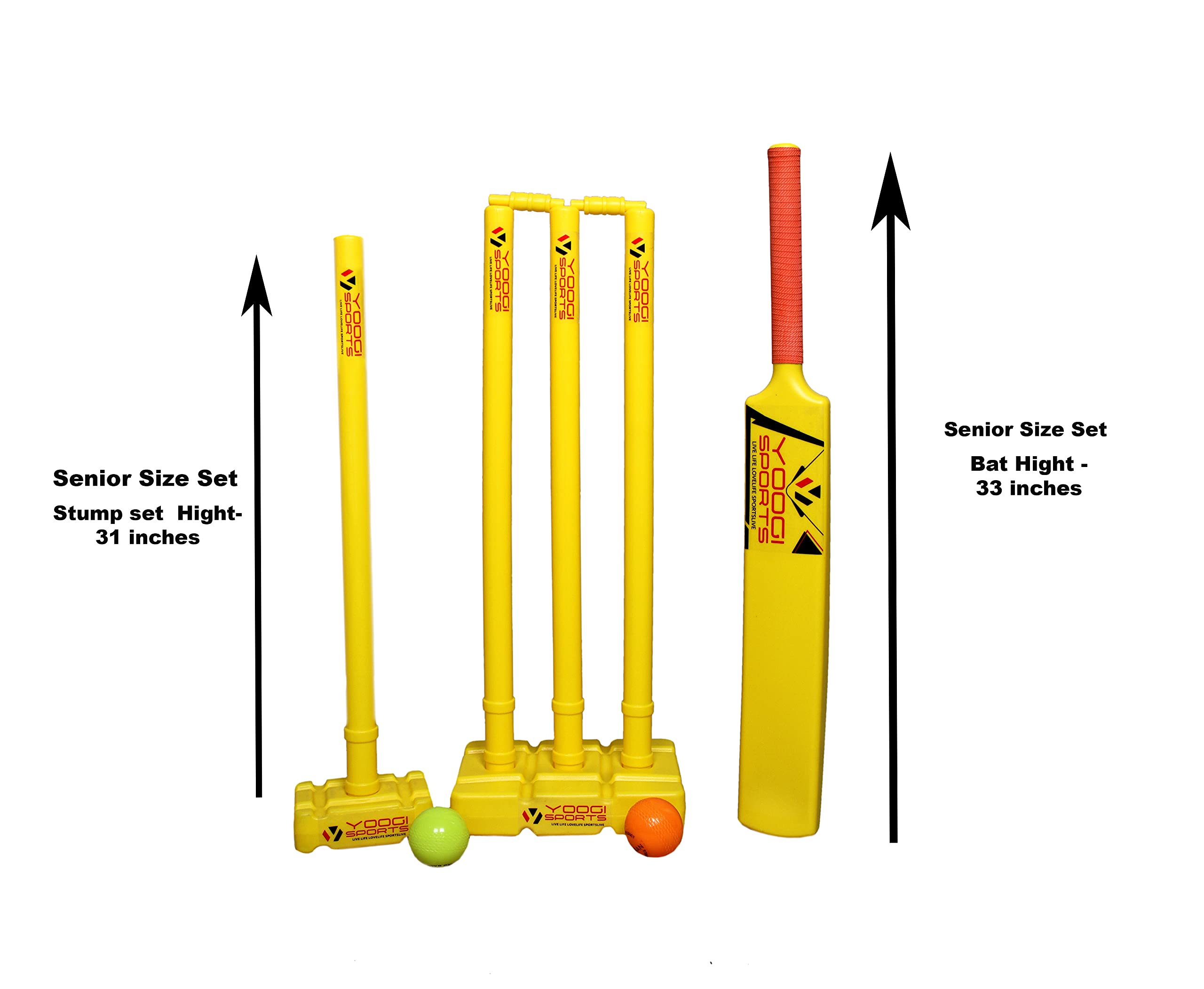 YOOGI All-in-One Plastic Cricket Stump Set - Includes Bat, Stumps, Base, Bails, Balls & Carry Bag - Perfect for Junior & Senior Players - Ideal for Backyard Cricket, Training & Matches