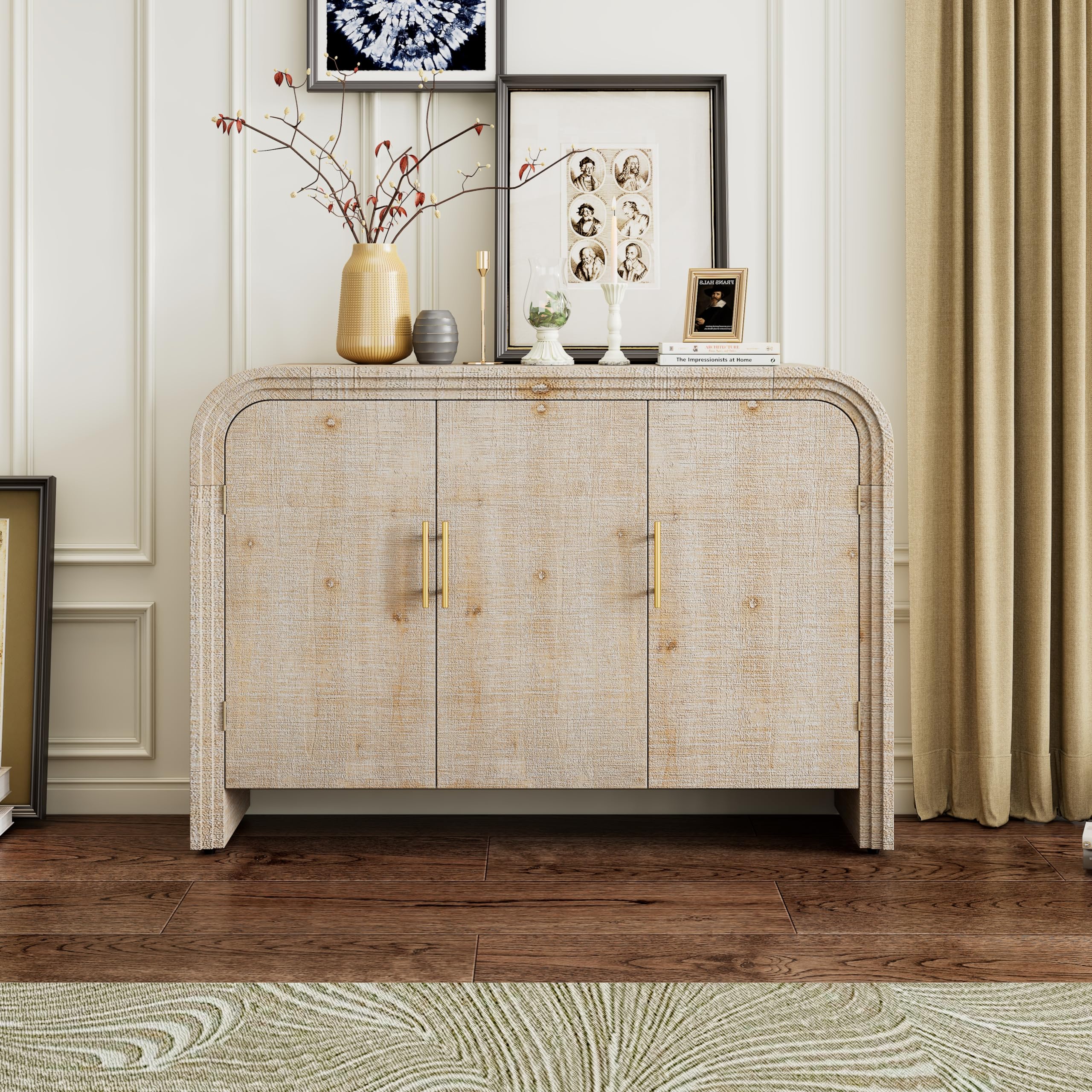 Modern Farmhouse Sideboard Table with Storage - Curved Design, Gold Handles & Adjustable Shelves - Buffet Cabinet for Dining Room, Kitchen - Perfect for Entertaining & Home Organization