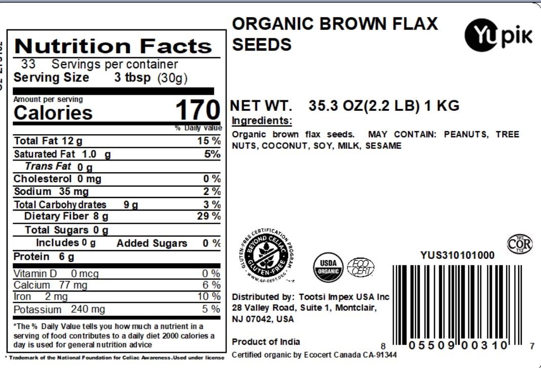 Organic Brown Flax Seeds by Yupik, 2.2 lb (35.2 oz) - Gluten-Free, Non-GMO, Kosher, Vegan, Raw | High in Omega-3, Fiber & Plant Protein | Perfect for Baking, Smoothies, Yogurt Toppings & Healthy Snacks
