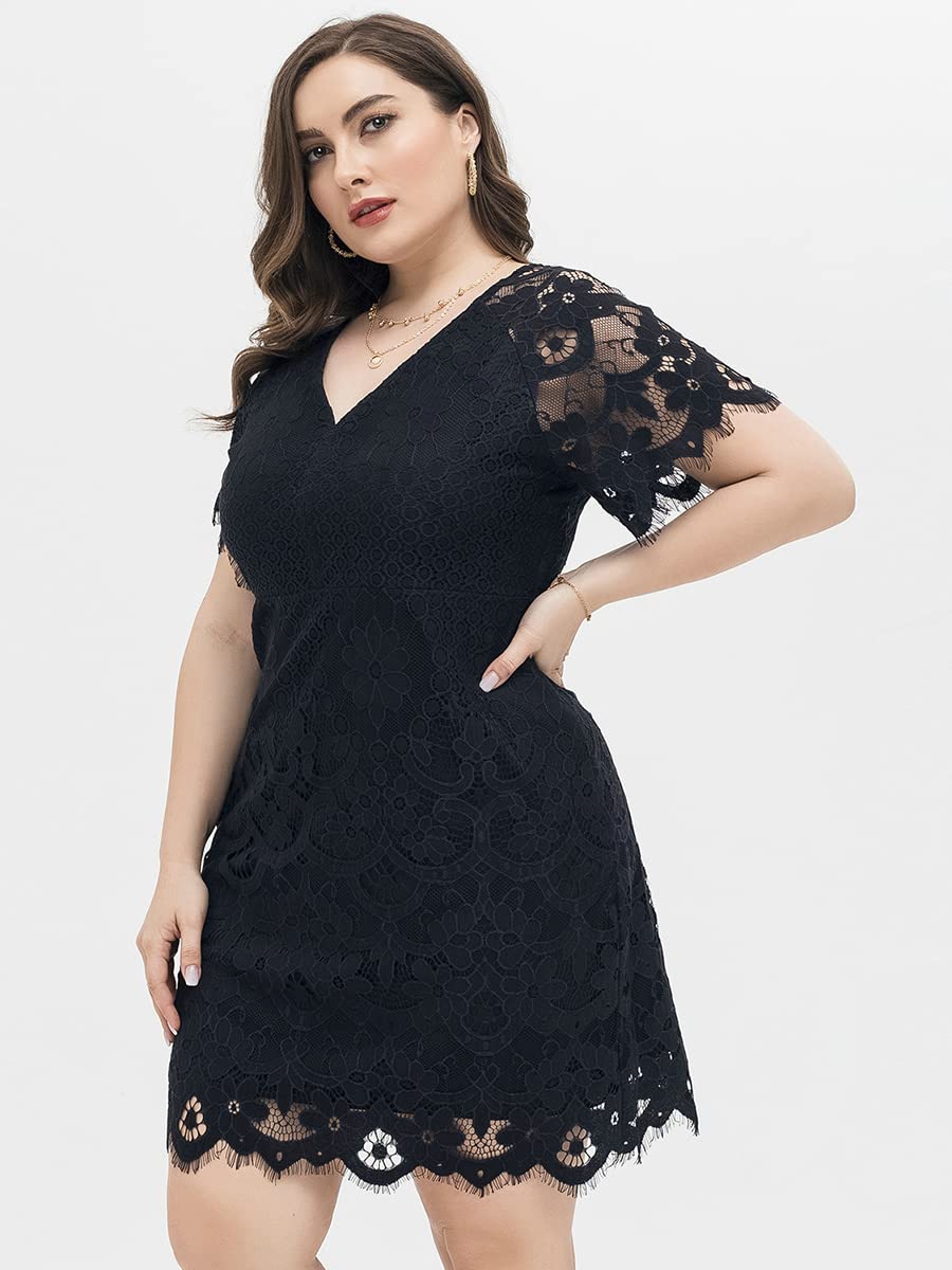 Elegant Floral Lace V-Neck Mini Dress for Women - Plus Size Bodycon Cocktail Dress with Short Sleeves & Scalloped Hem | Perfect for Parties, Date Nights & Special Occasions