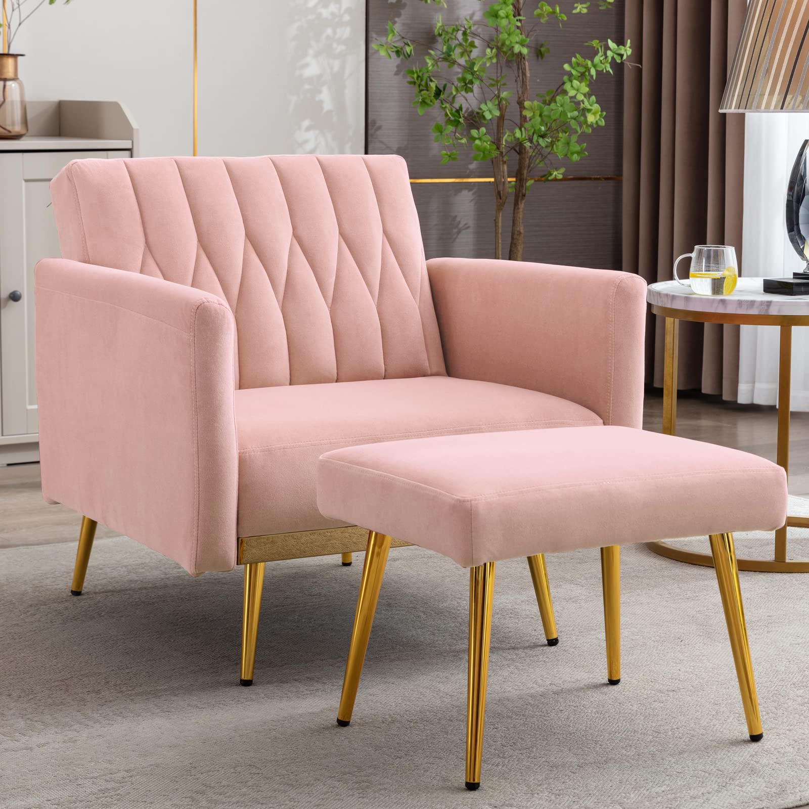Velvet Tufted Lounge Chair with Ottoman - Adjustable Armrests for Living Room, Bedroom & Office (Pink)