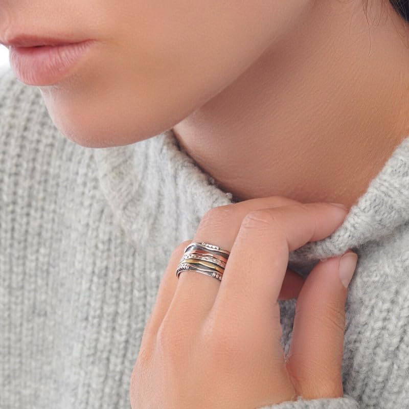 925 Sterling Silver Spinner Ring for Women - Handmade Three-Tone Worry Ring, Fidget Ring & Meditation Jewelry | US Size 9 Yoga Spinner Ring, Thumb Ring & Promise Ring | Perfect Gift for Her, Stress Relief & Anxiety Relief Jewelry