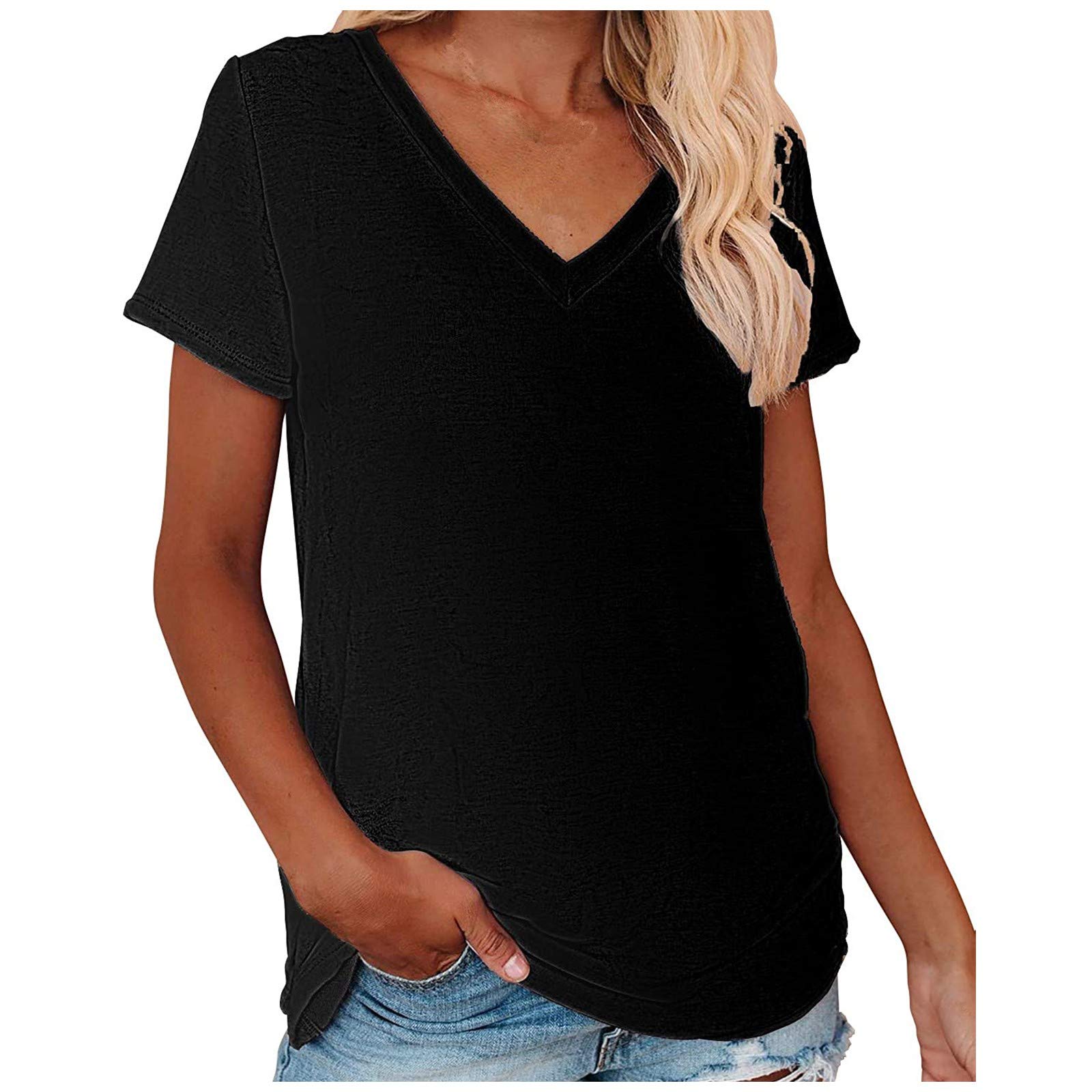 Women's Casual Summer V-Neck T-Shirts - Loose Fit Trendy Tops & Tunic Blouses - Short Sleeve Tees for Everyday Wear, Outings & Vacation