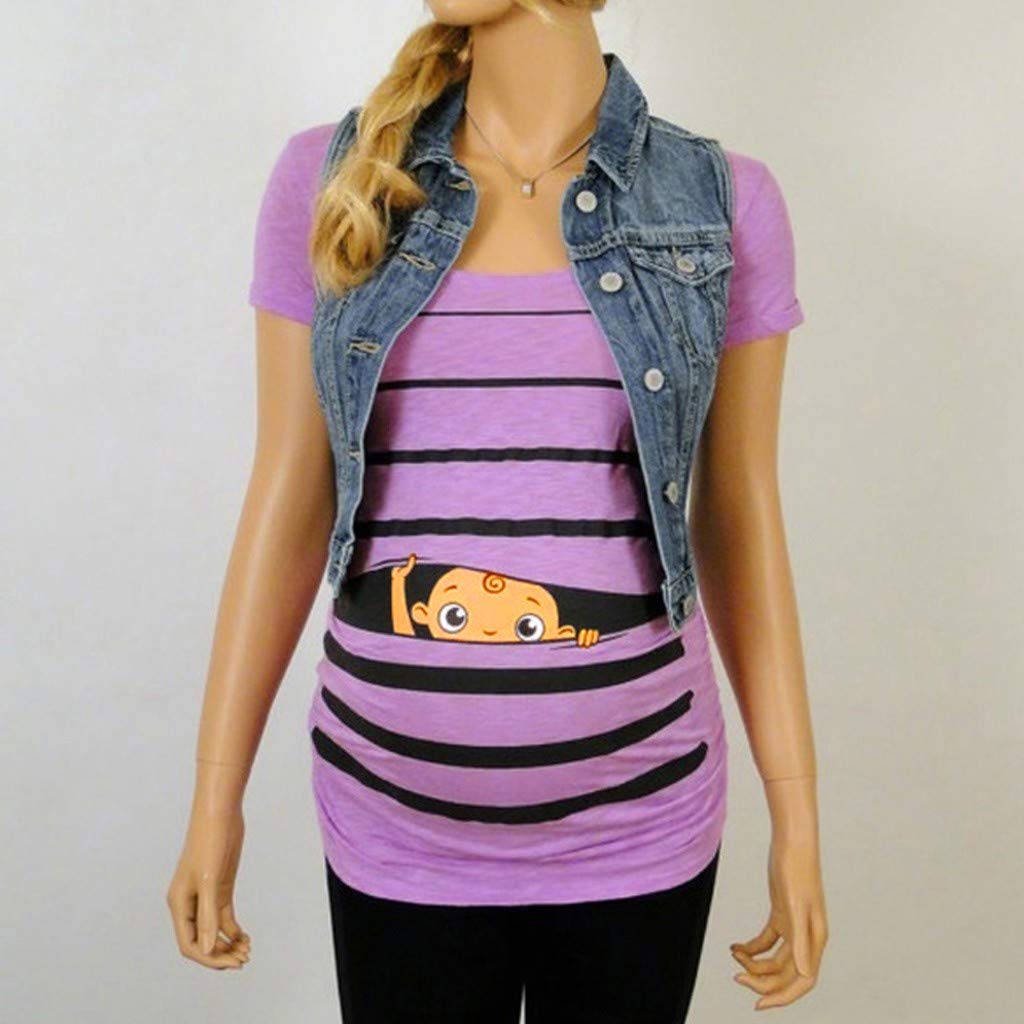 Funny Maternity T-Shirt - Cute Baby Print & Striped Short Sleeve Top for Pregnant Women | Perfect for Pregnancy Announcements, Baby Showers & Casual Wear